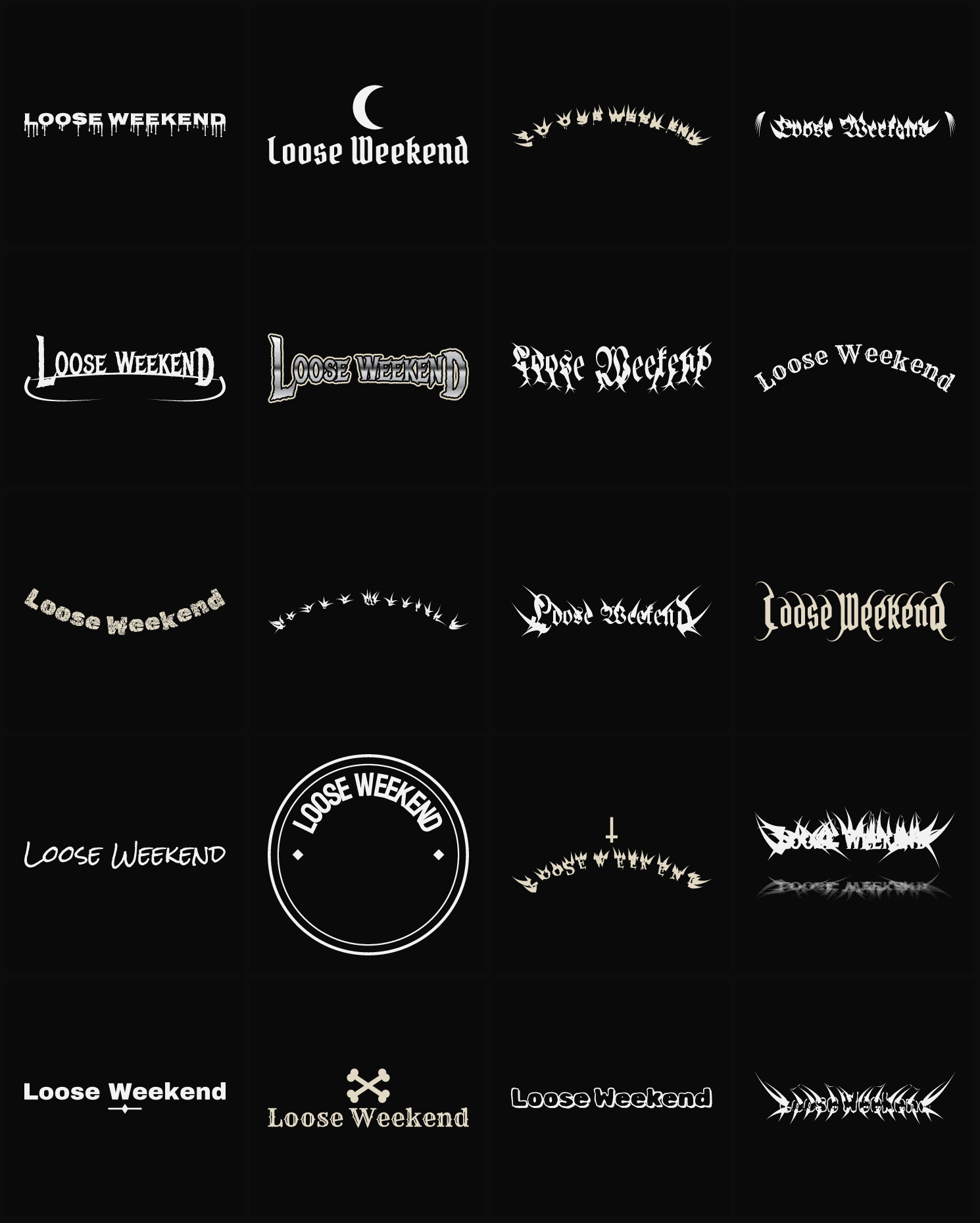 Twenty Loose Weekend band logo ideas — different faces, treatments and spike settings