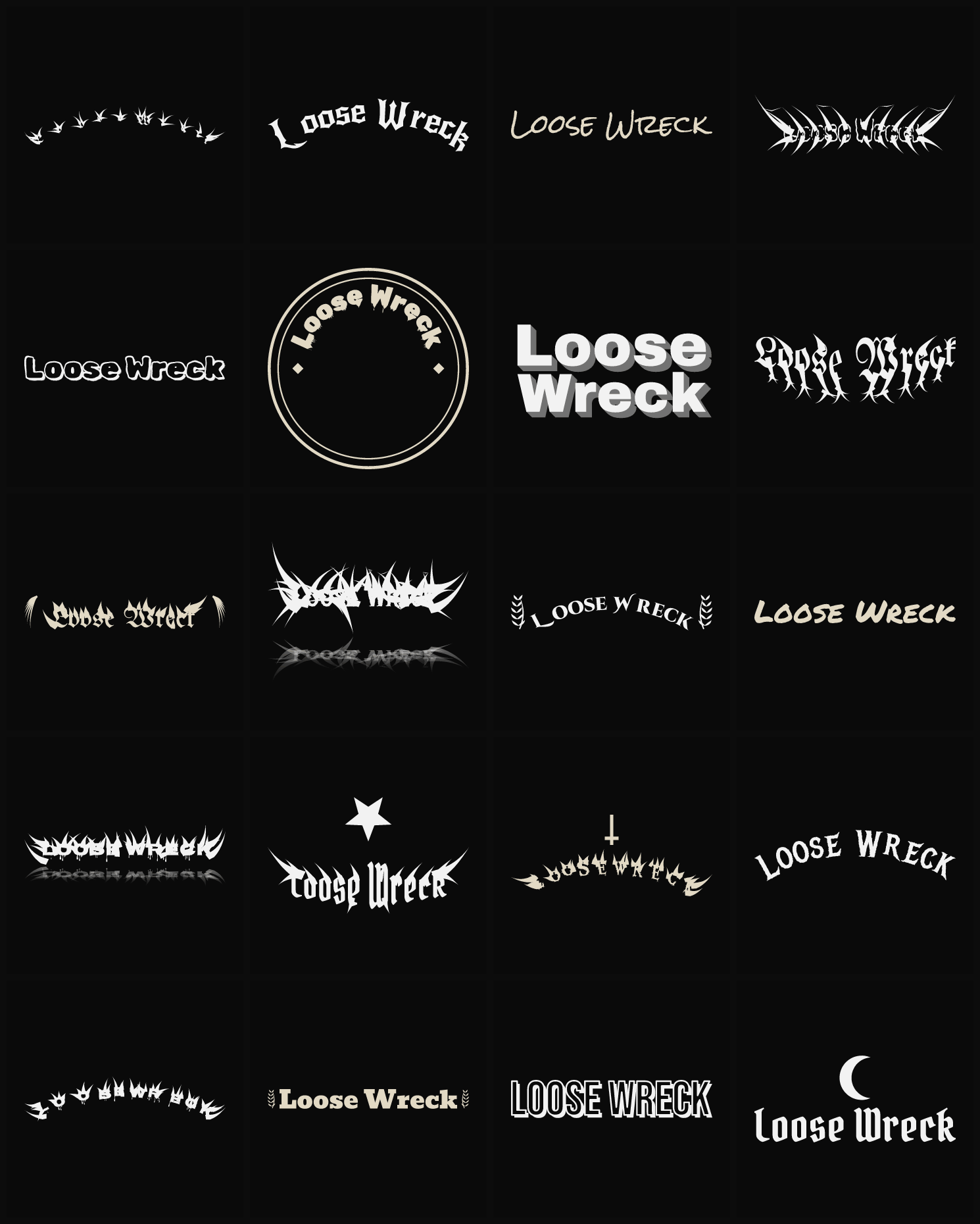 Twenty Loose Wreck band logo ideas — different faces, treatments and spike settings