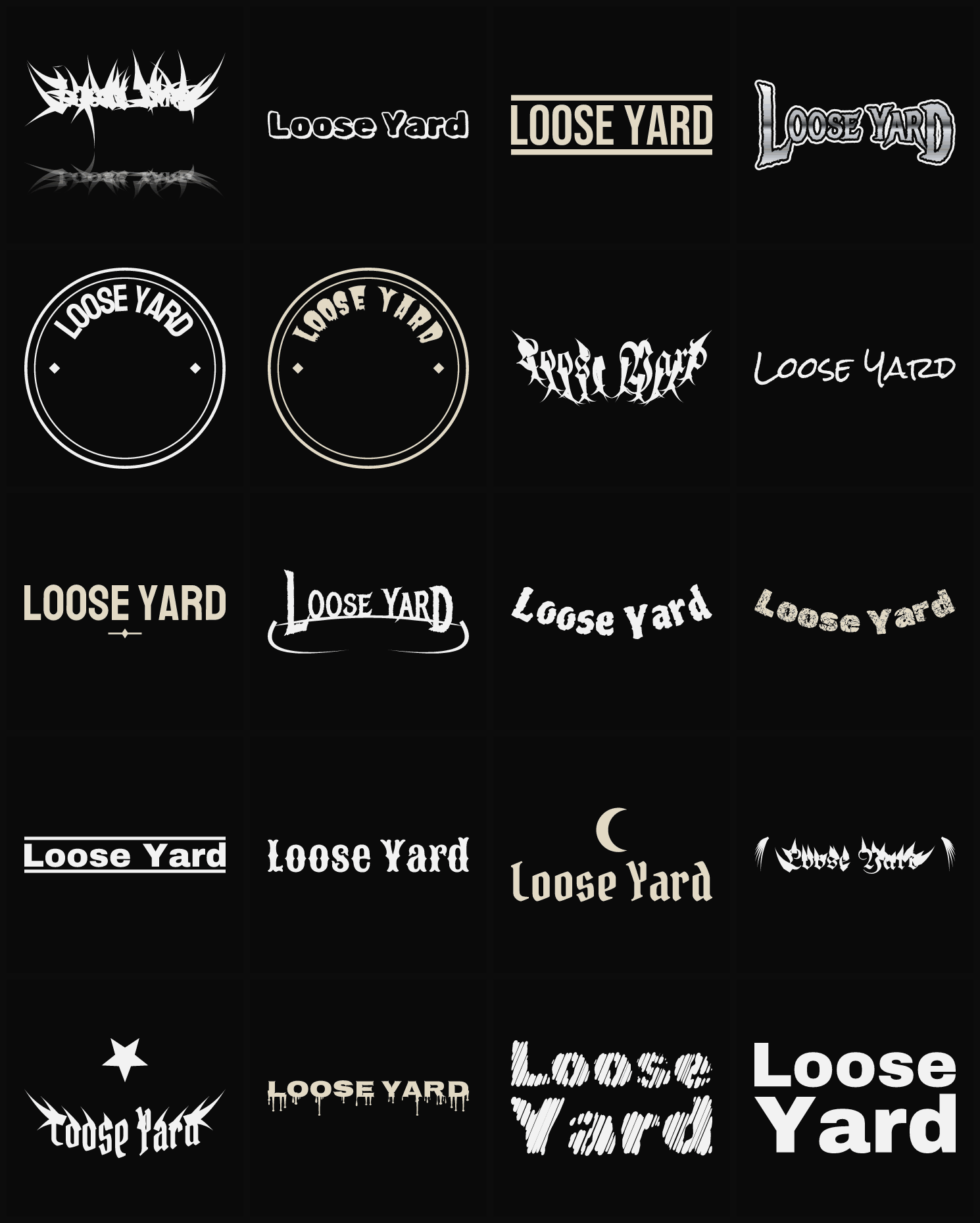 Twenty Loose Yard band logo ideas — different faces, treatments and spike settings