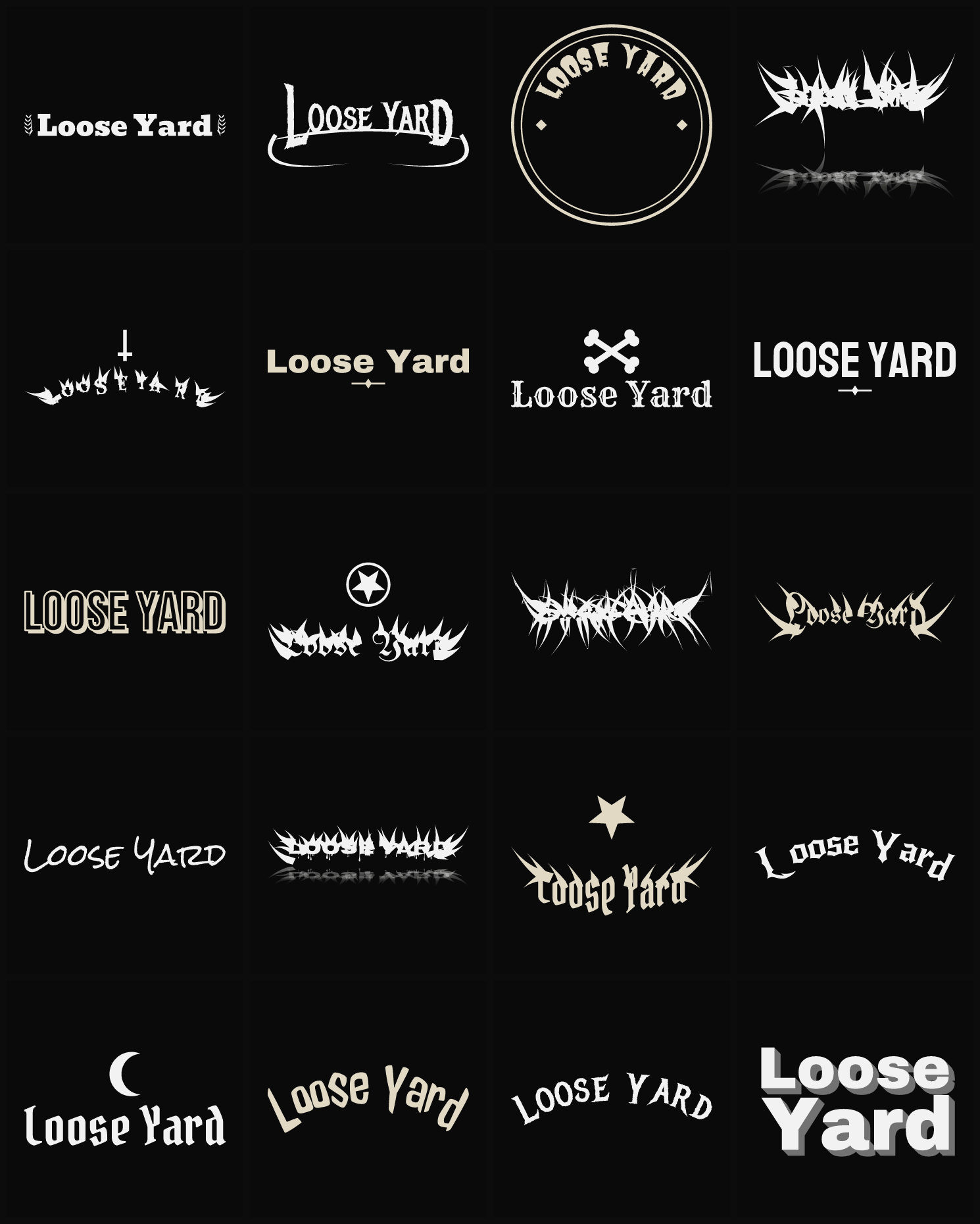 Twenty Loose Yard band logo ideas — different faces, treatments and spike settings