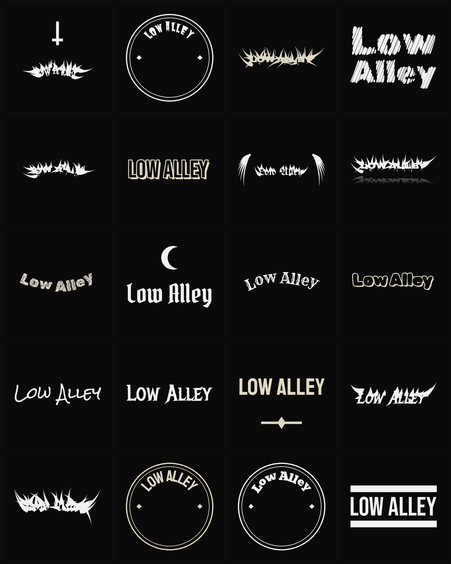 Twenty Low Alley band logo ideas — different faces, treatments and spike settings