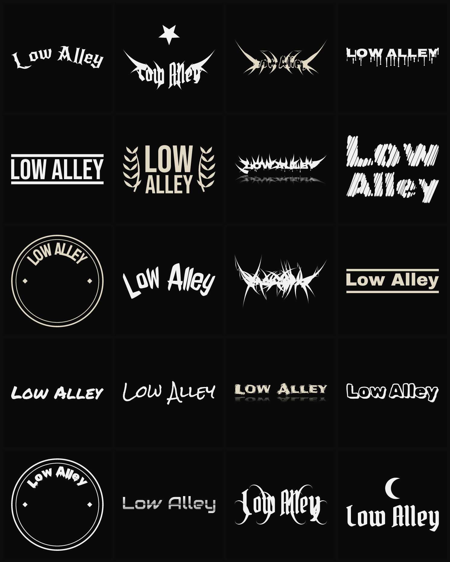 Twenty Low Alley band logo ideas — different faces, treatments and spike settings