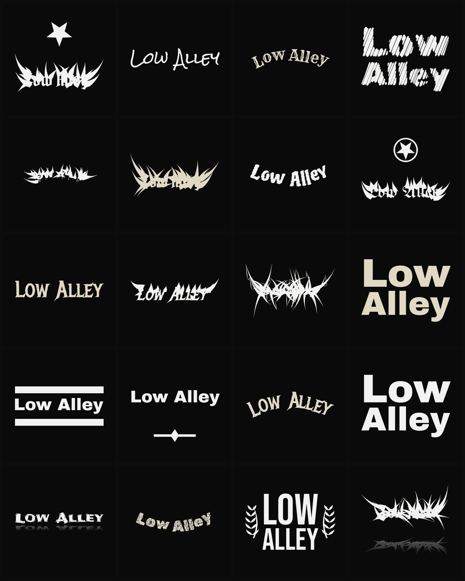 Twenty Low Alley band logo ideas — different faces, treatments and spike settings
