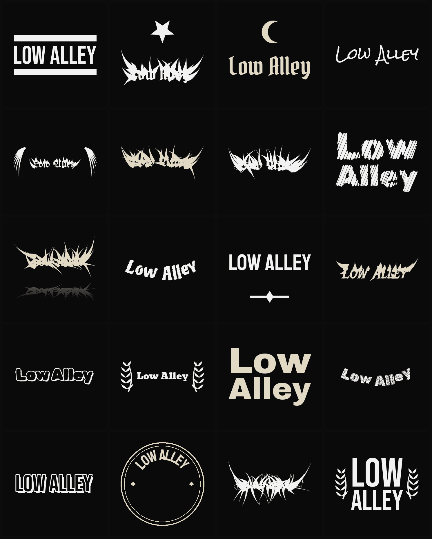 Twenty Low Alley band logo ideas — different faces, treatments and spike settings