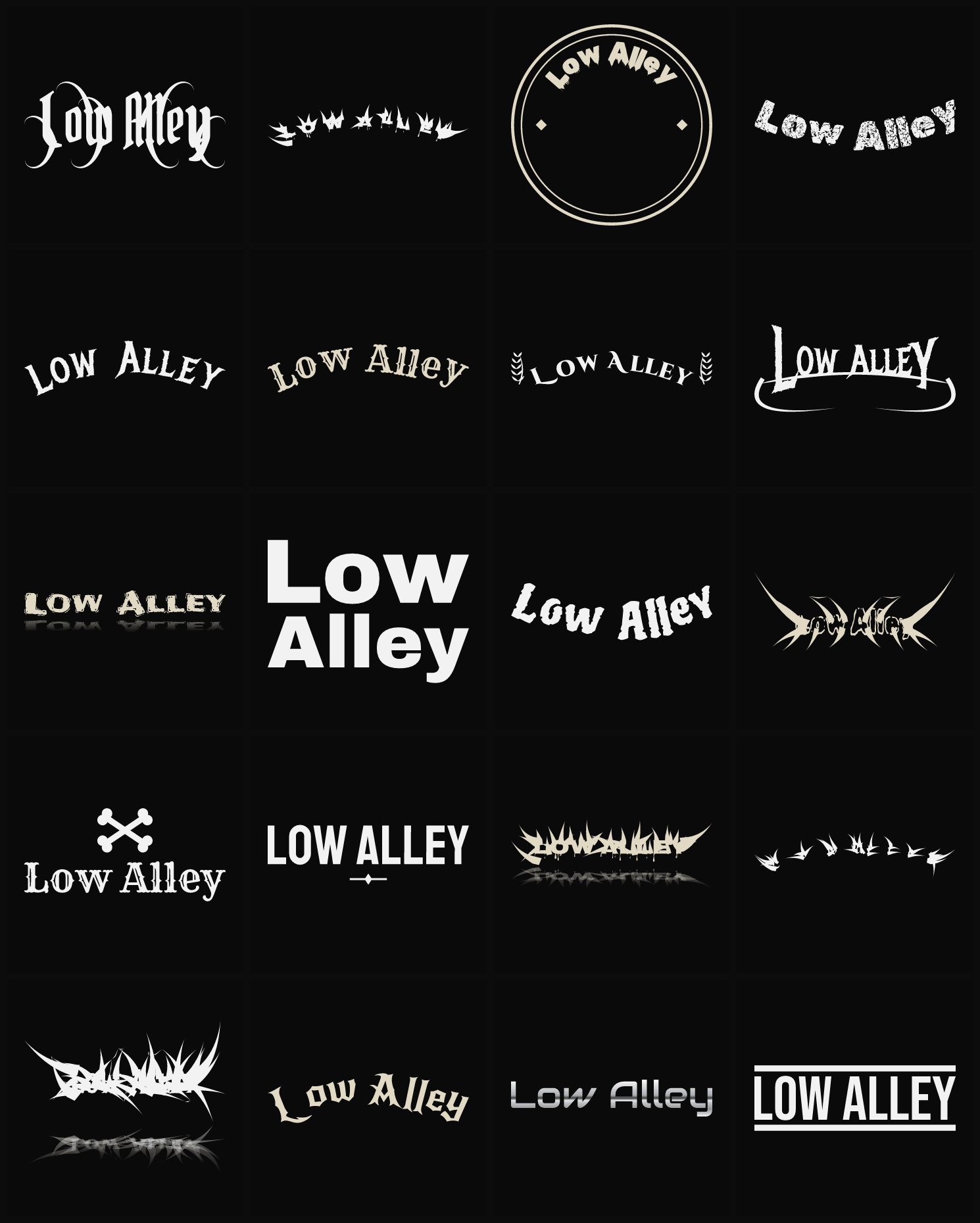 Twenty Low Alley band logo ideas — different faces, treatments and spike settings