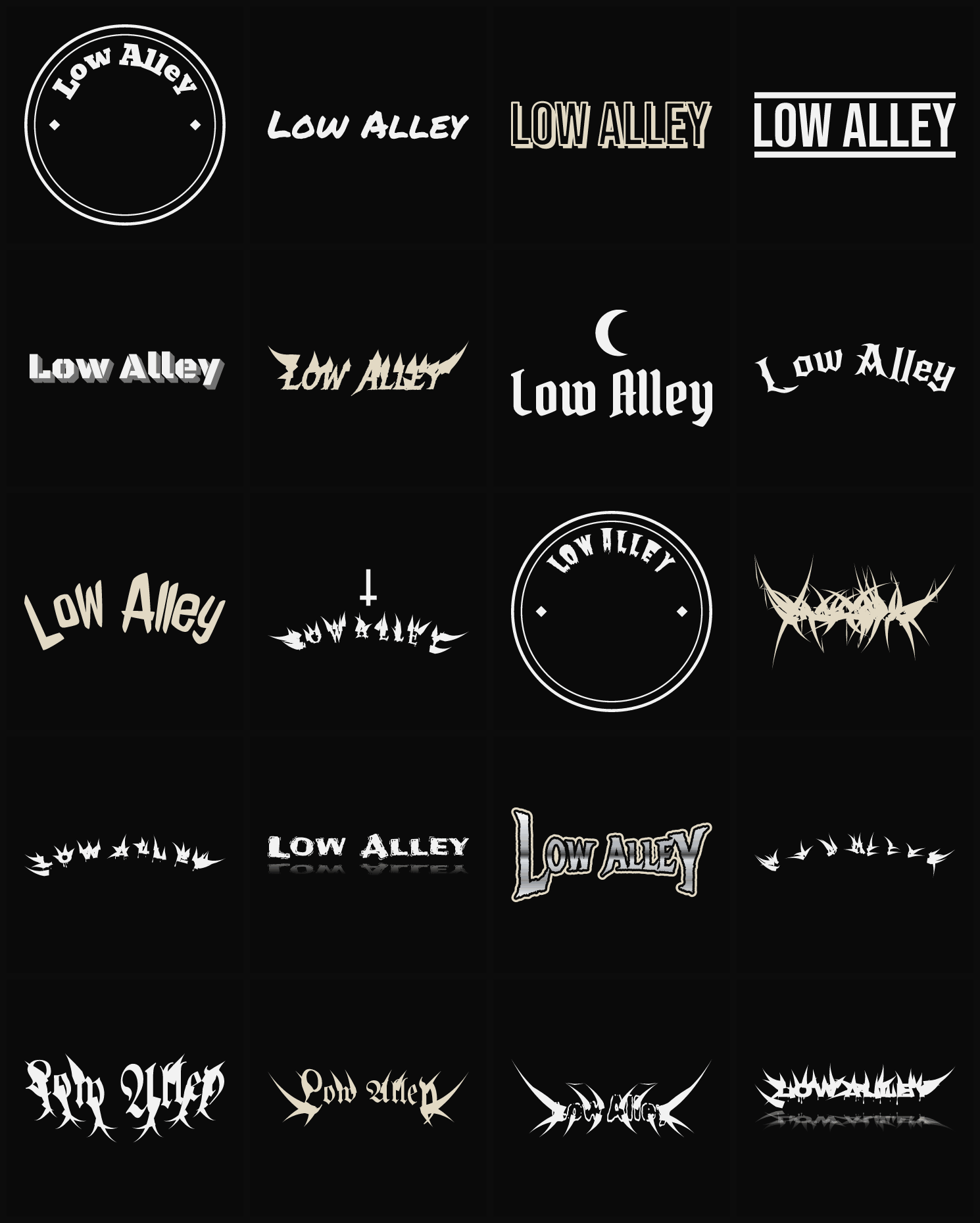 Twenty Low Alley band logo ideas — different faces, treatments and spike settings