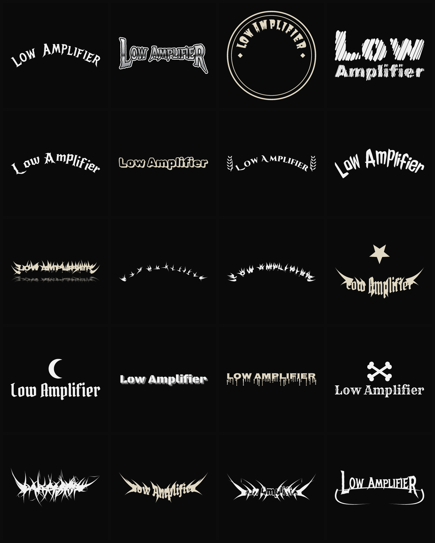 Twenty Low Amplifier band logo ideas — different faces, treatments and spike settings