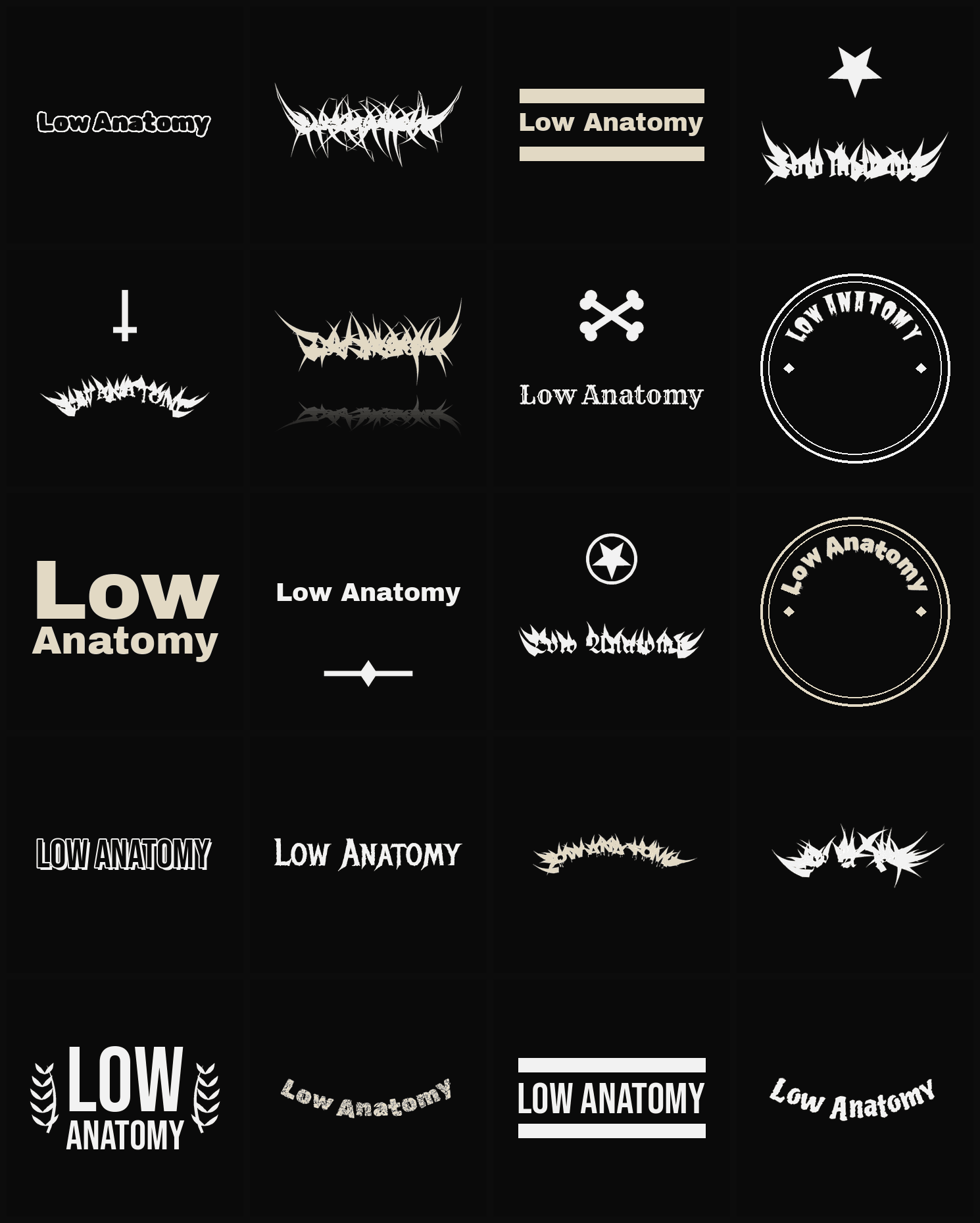 Twenty Low Anatomy band logo ideas — different faces, treatments and spike settings