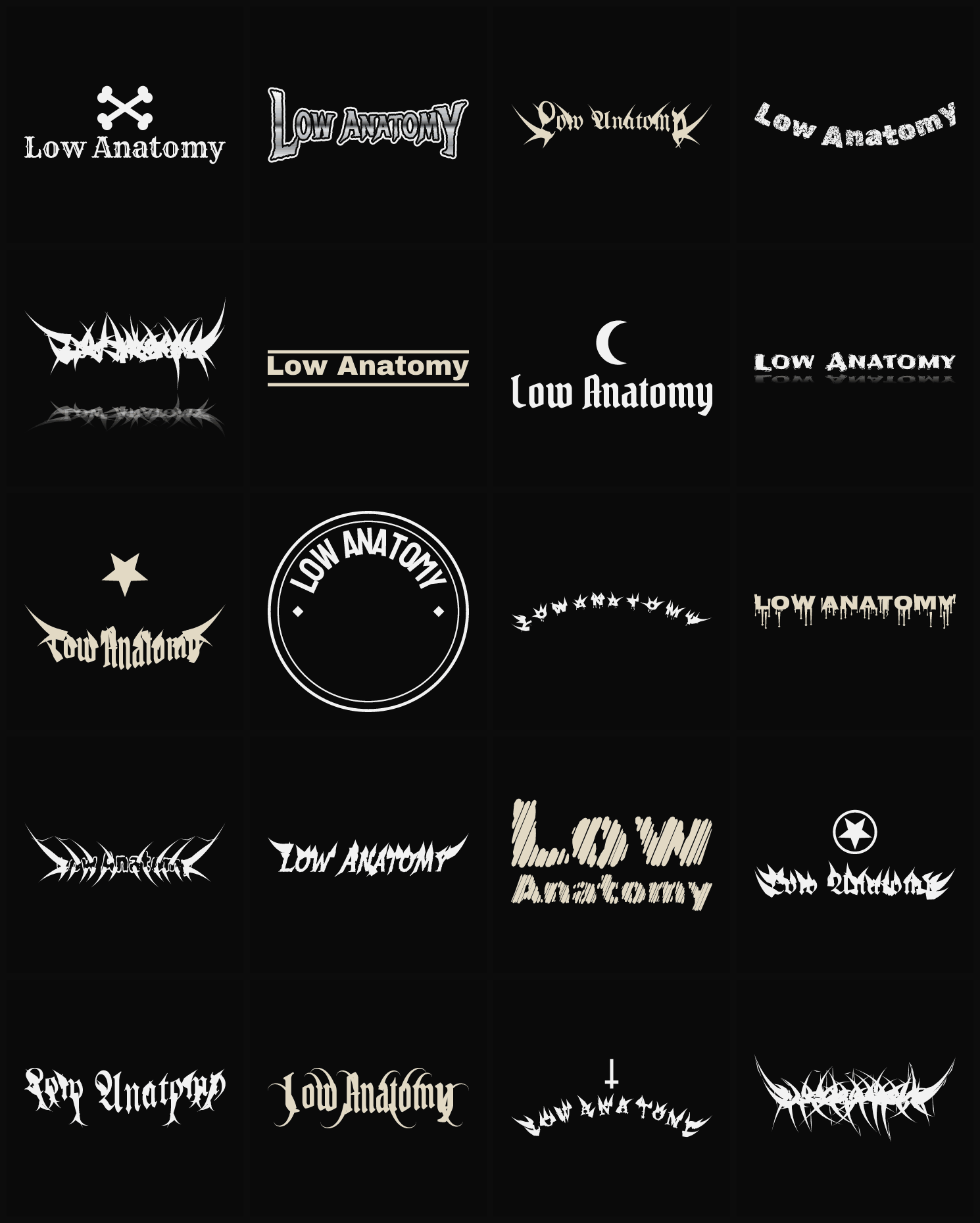 Twenty Low Anatomy band logo ideas — different faces, treatments and spike settings
