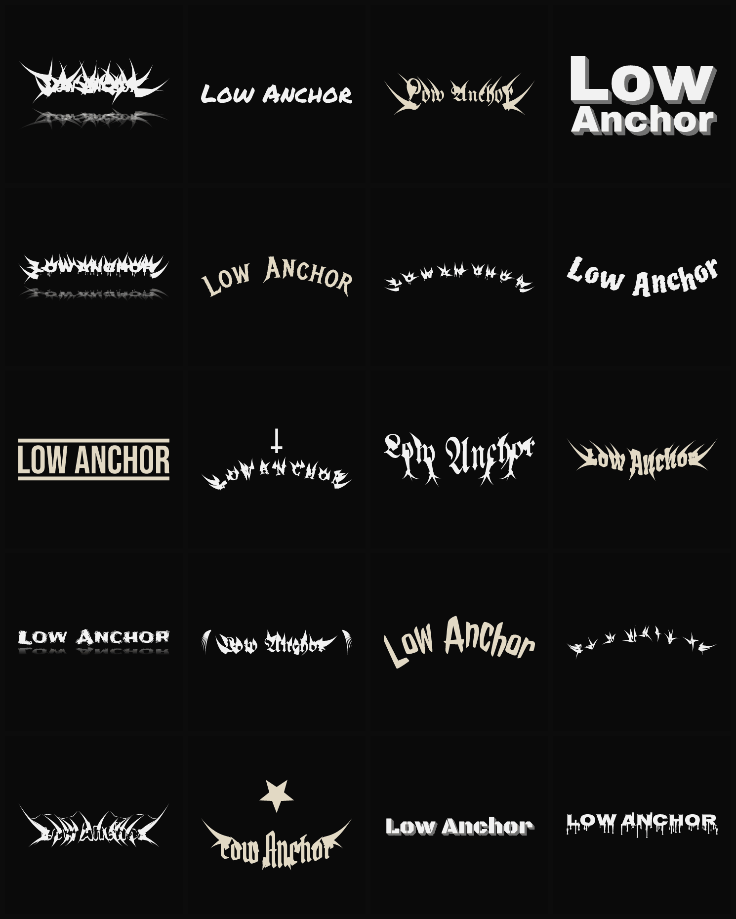 Twenty Low Anchor band logo ideas — different faces, treatments and spike settings