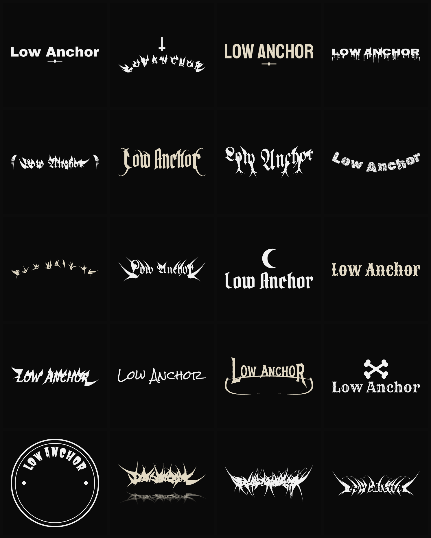 Twenty Low Anchor band logo ideas — different faces, treatments and spike settings