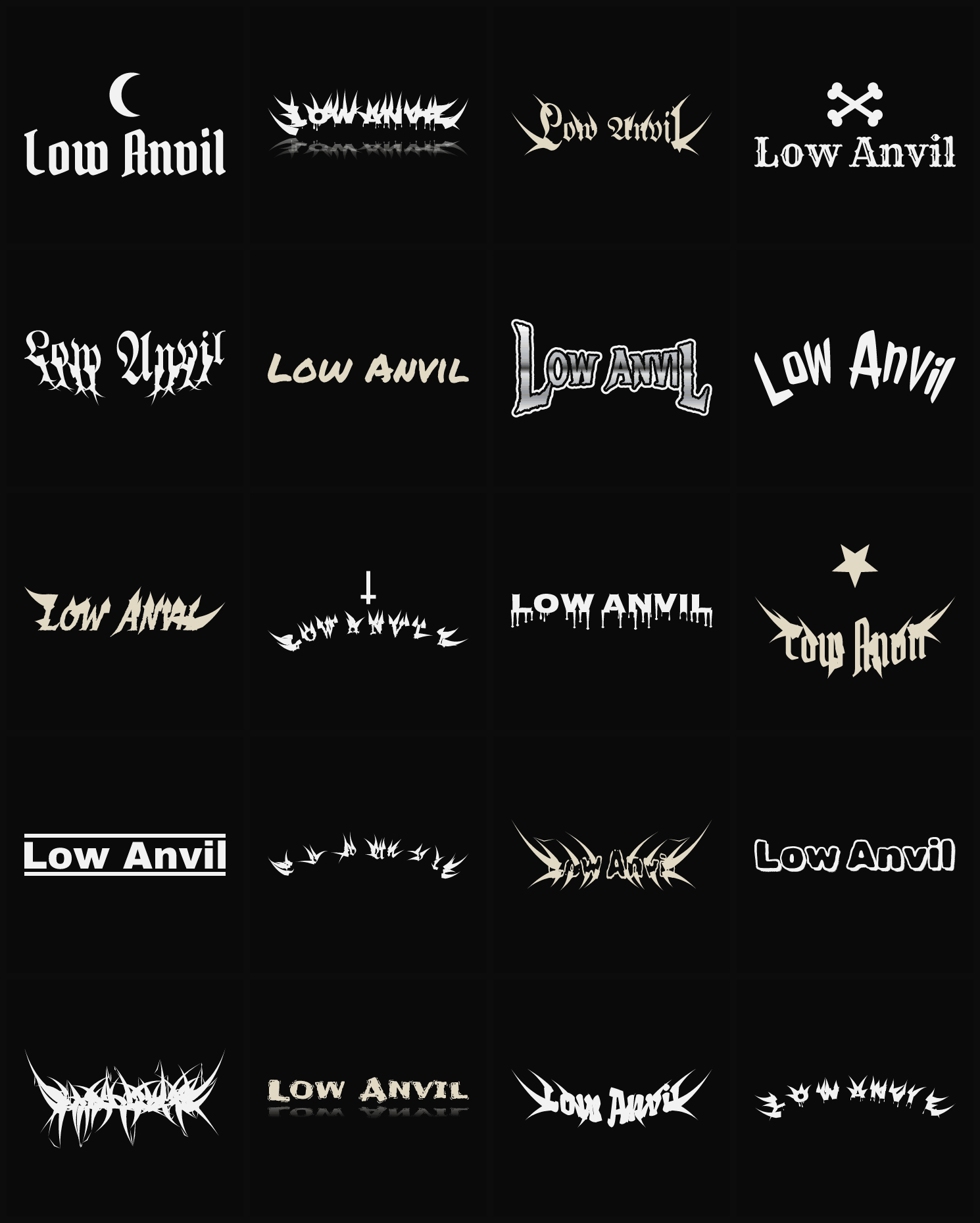 Twenty Low Anvil band logo ideas — different faces, treatments and spike settings