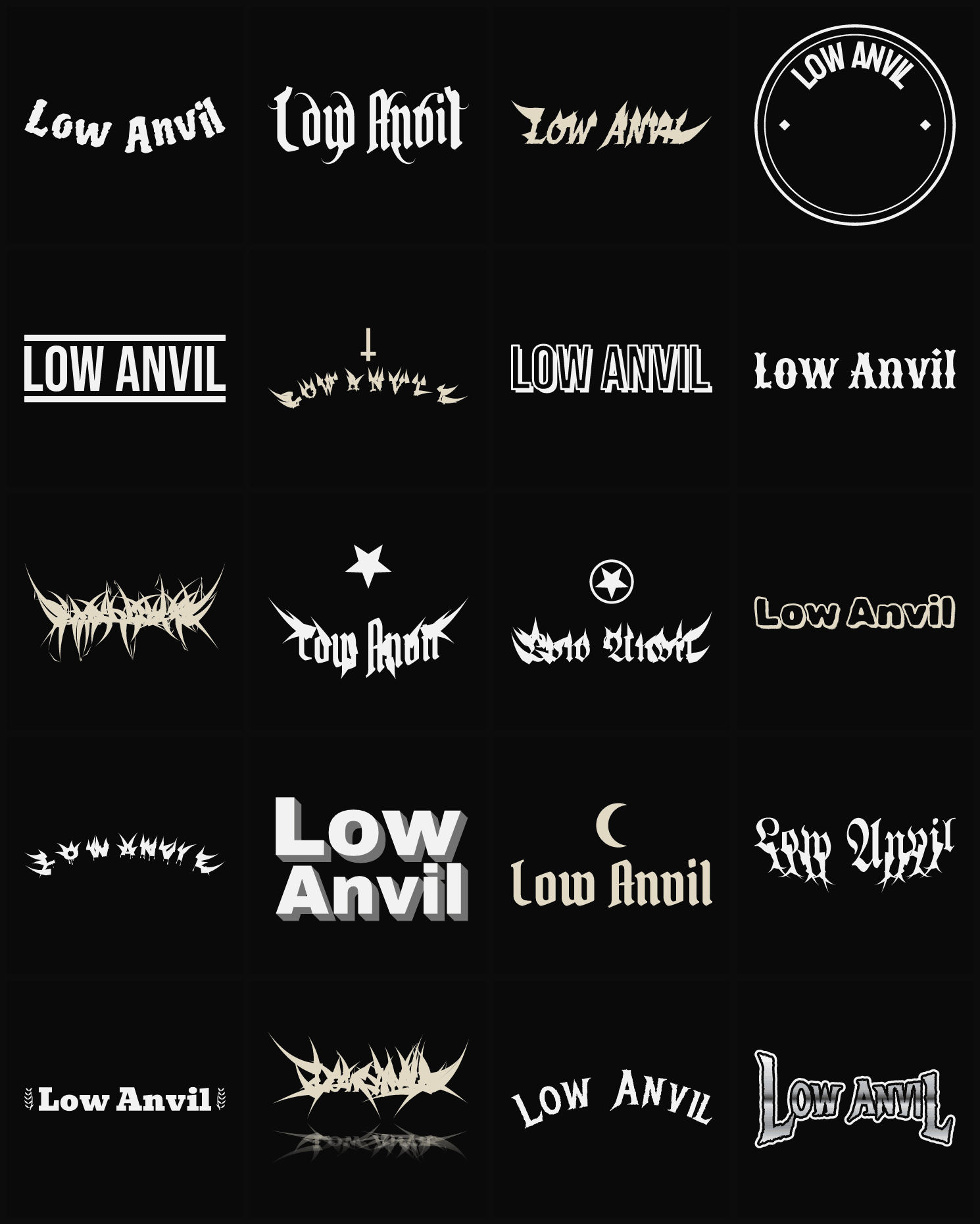 Twenty Low Anvil band logo ideas — different faces, treatments and spike settings