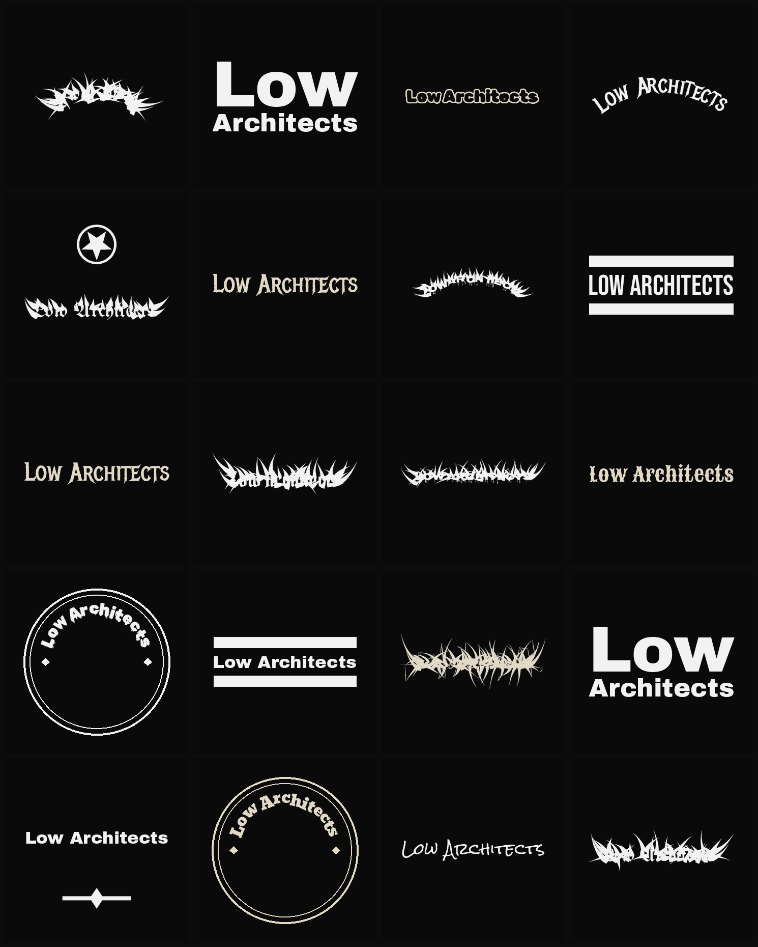 Twenty Low Architects band logo ideas — different faces, treatments and spike settings