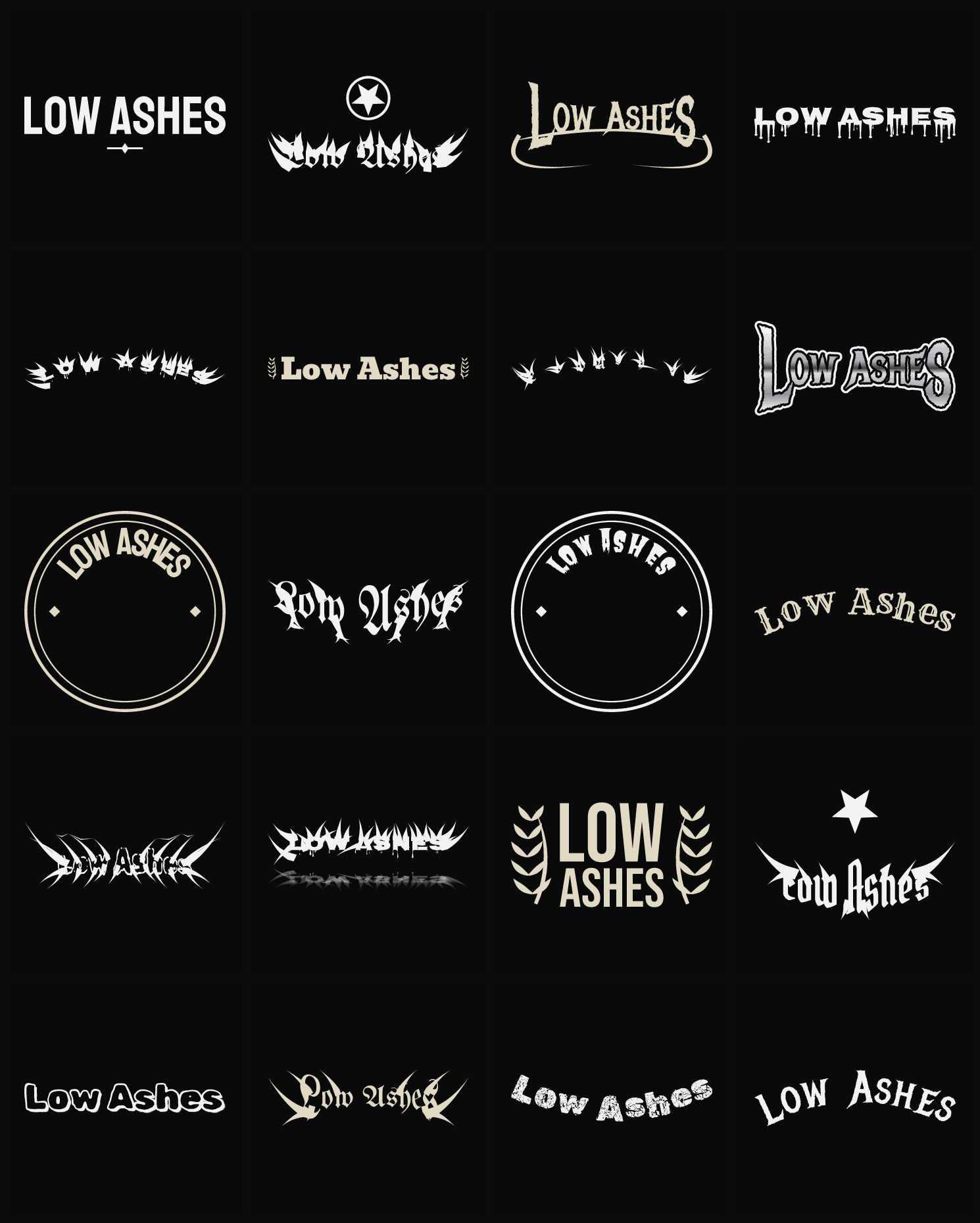 Twenty Low Ashes band logo ideas — different faces, treatments and spike settings