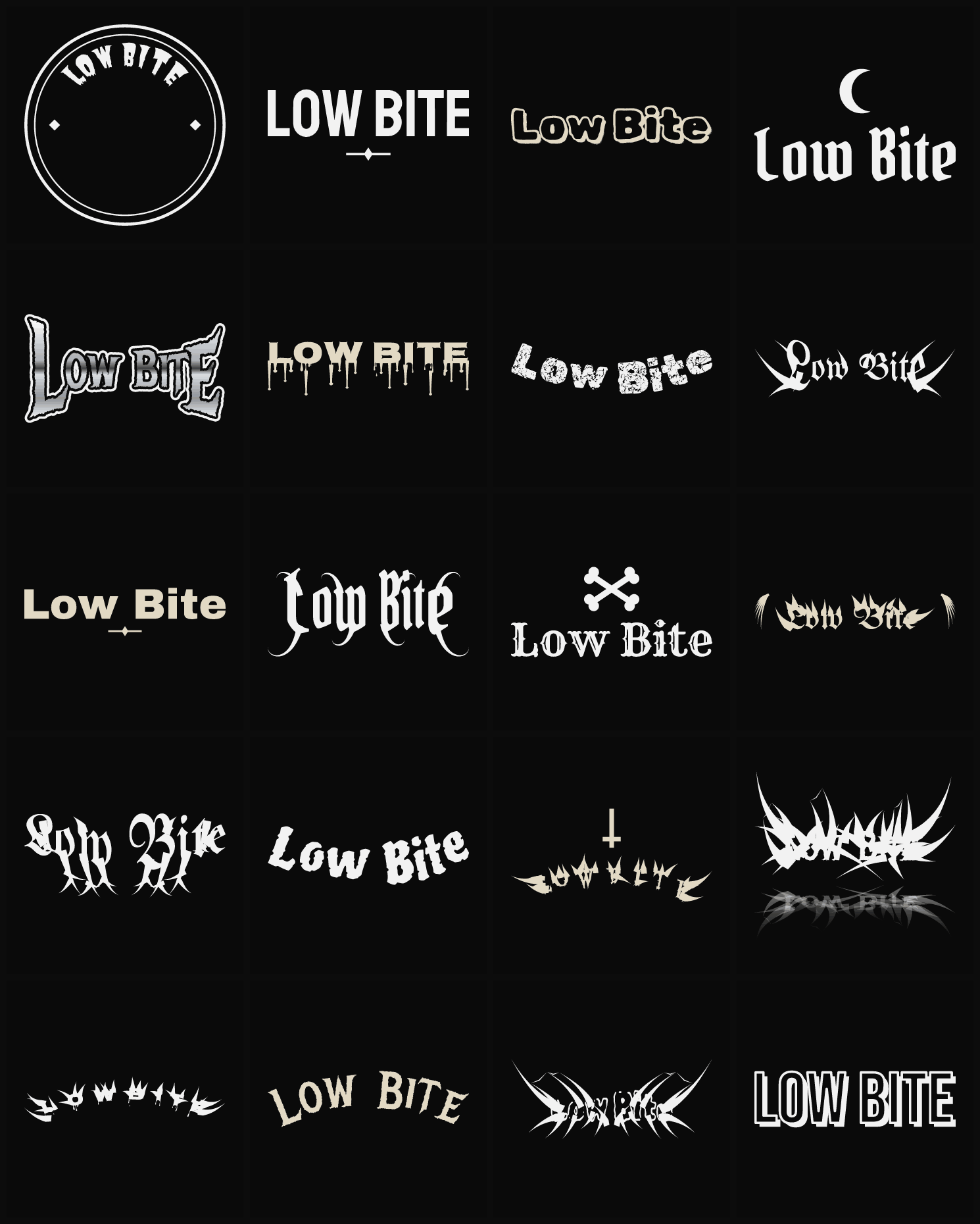 Twenty Low Bite band logo ideas — different faces, treatments and spike settings