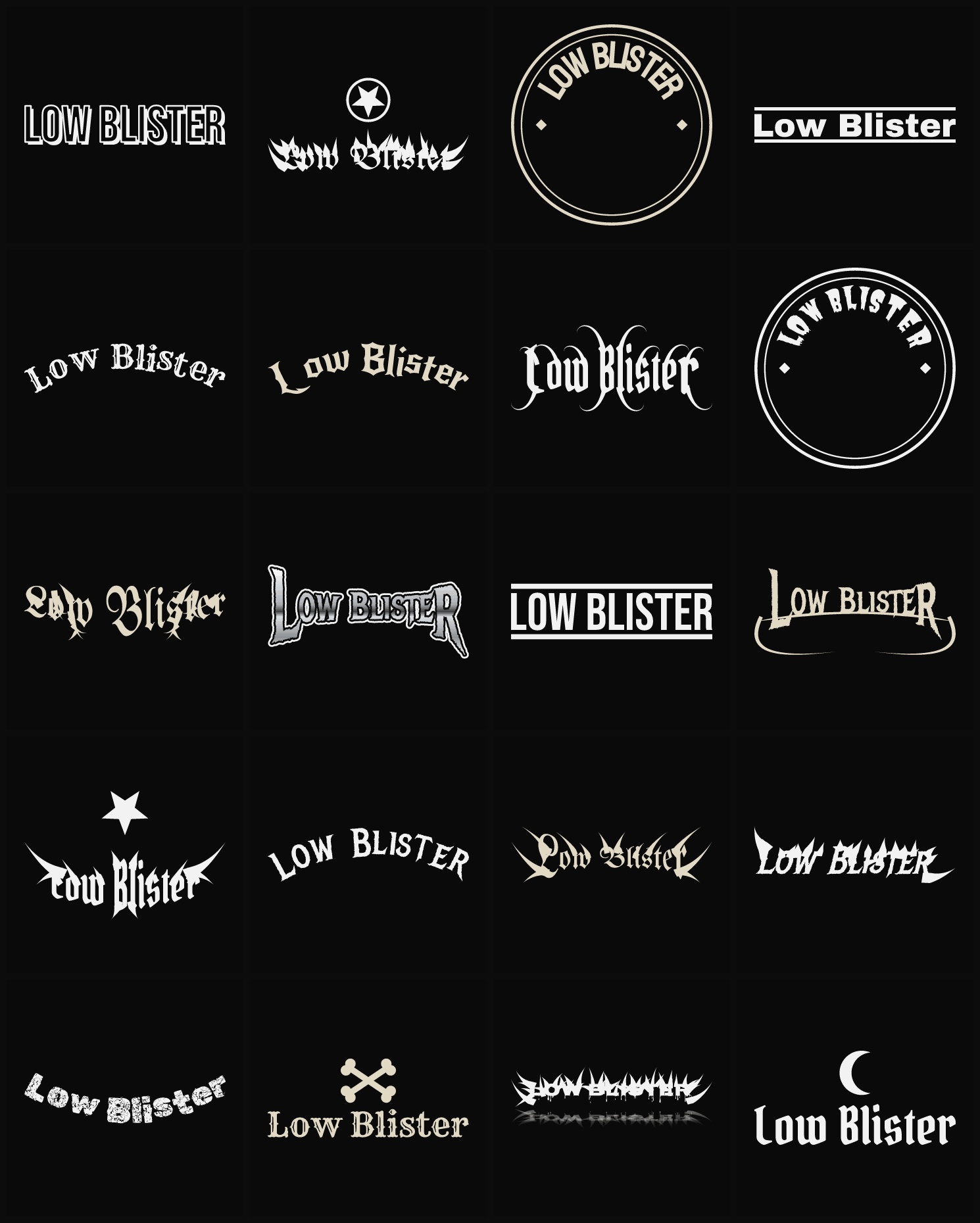 Twenty Low Blister band logo ideas — different faces, treatments and spike settings