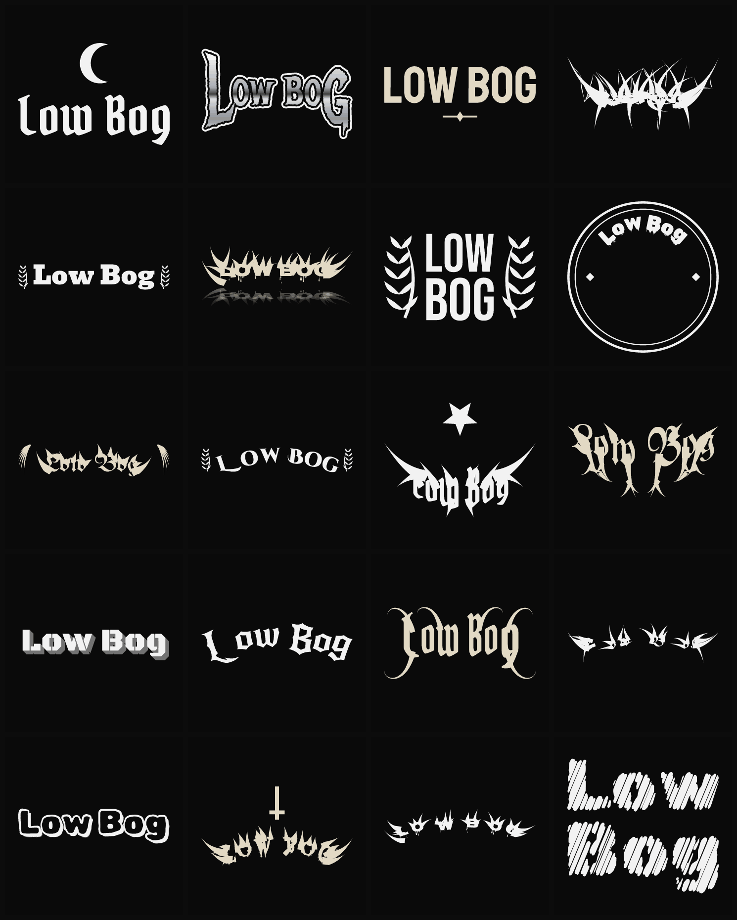 Twenty Low Bog band logo ideas — different faces, treatments and spike settings
