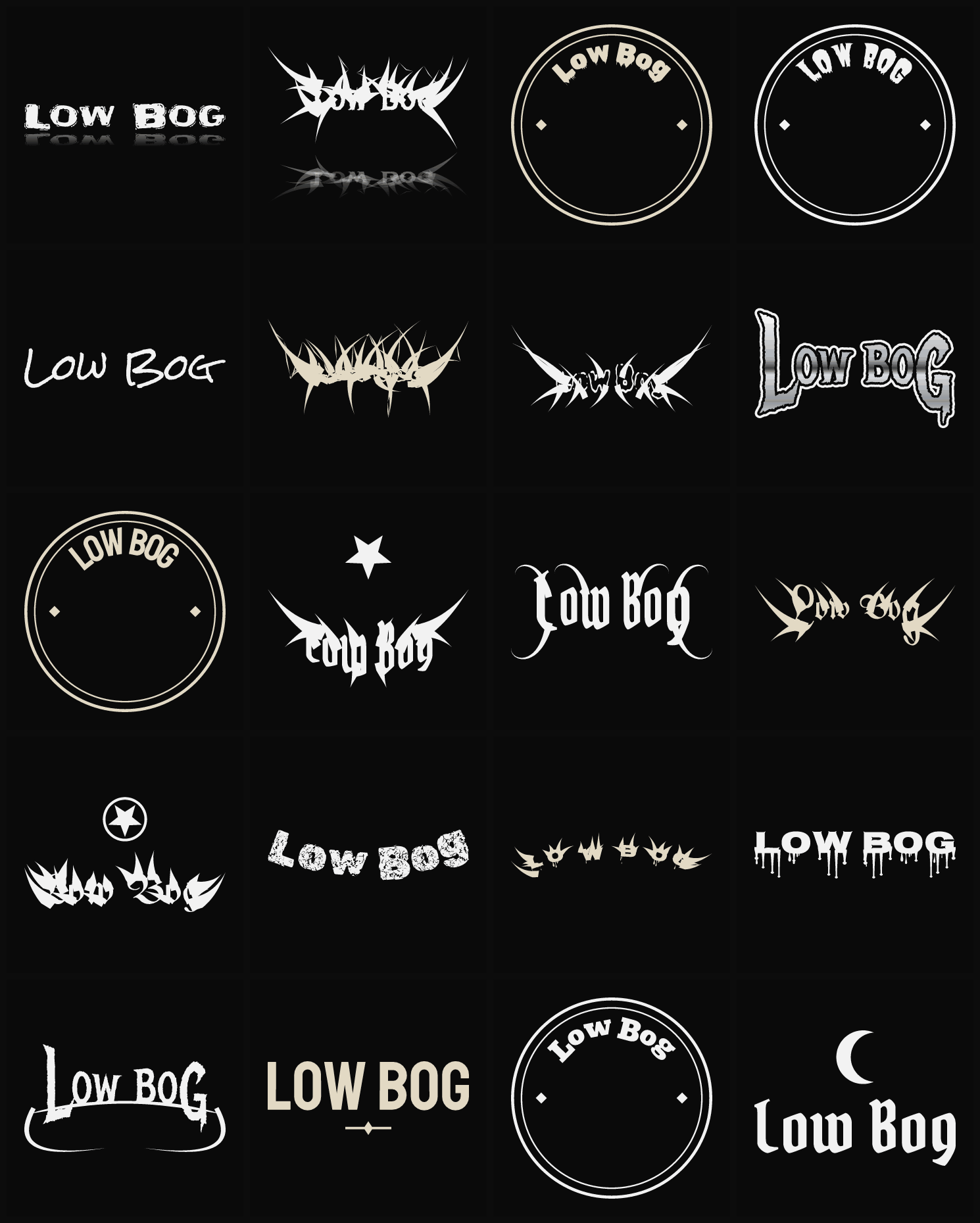 Twenty Low Bog band logo ideas — different faces, treatments and spike settings