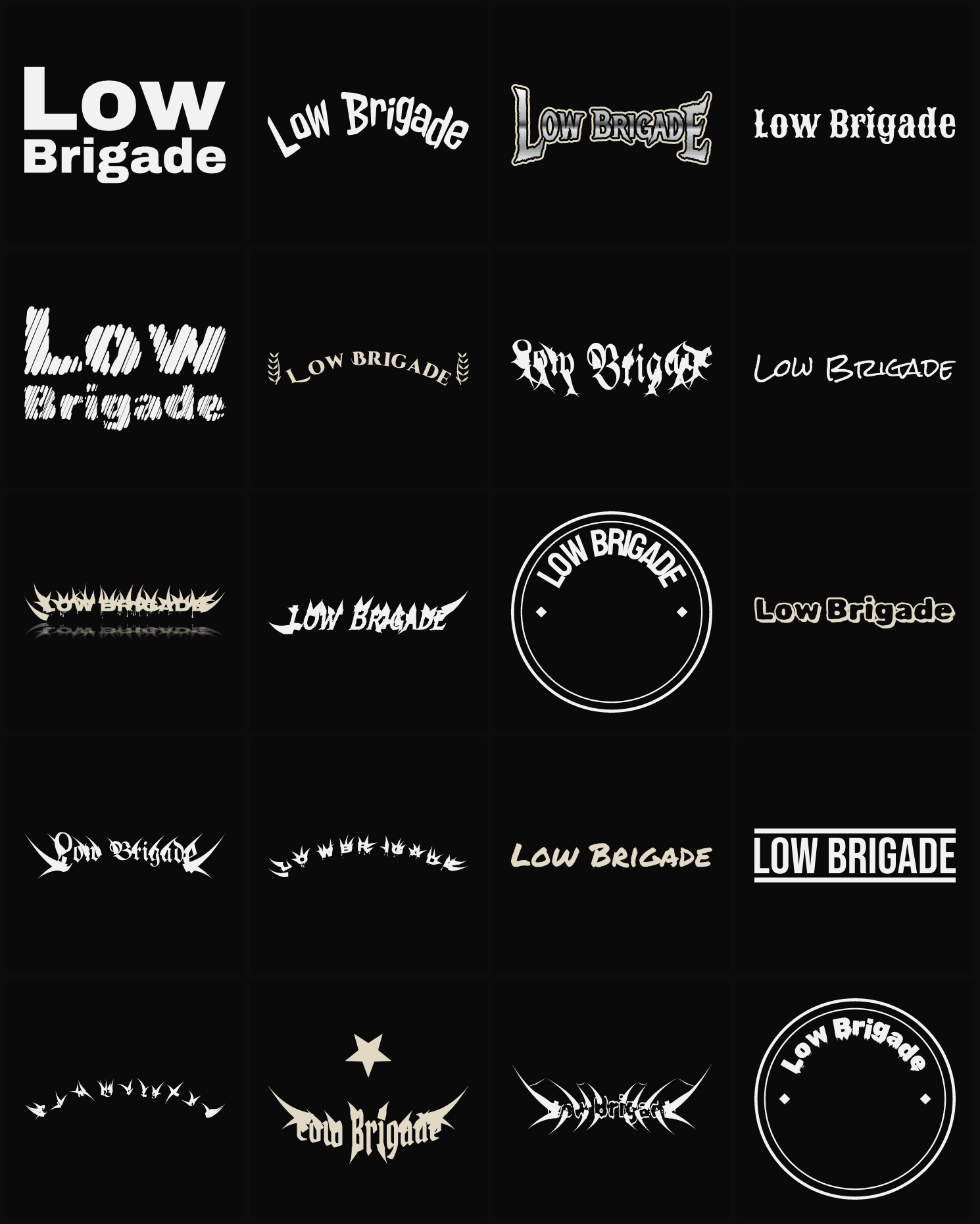 Twenty Low Brigade band logo ideas — different faces, treatments and spike settings
