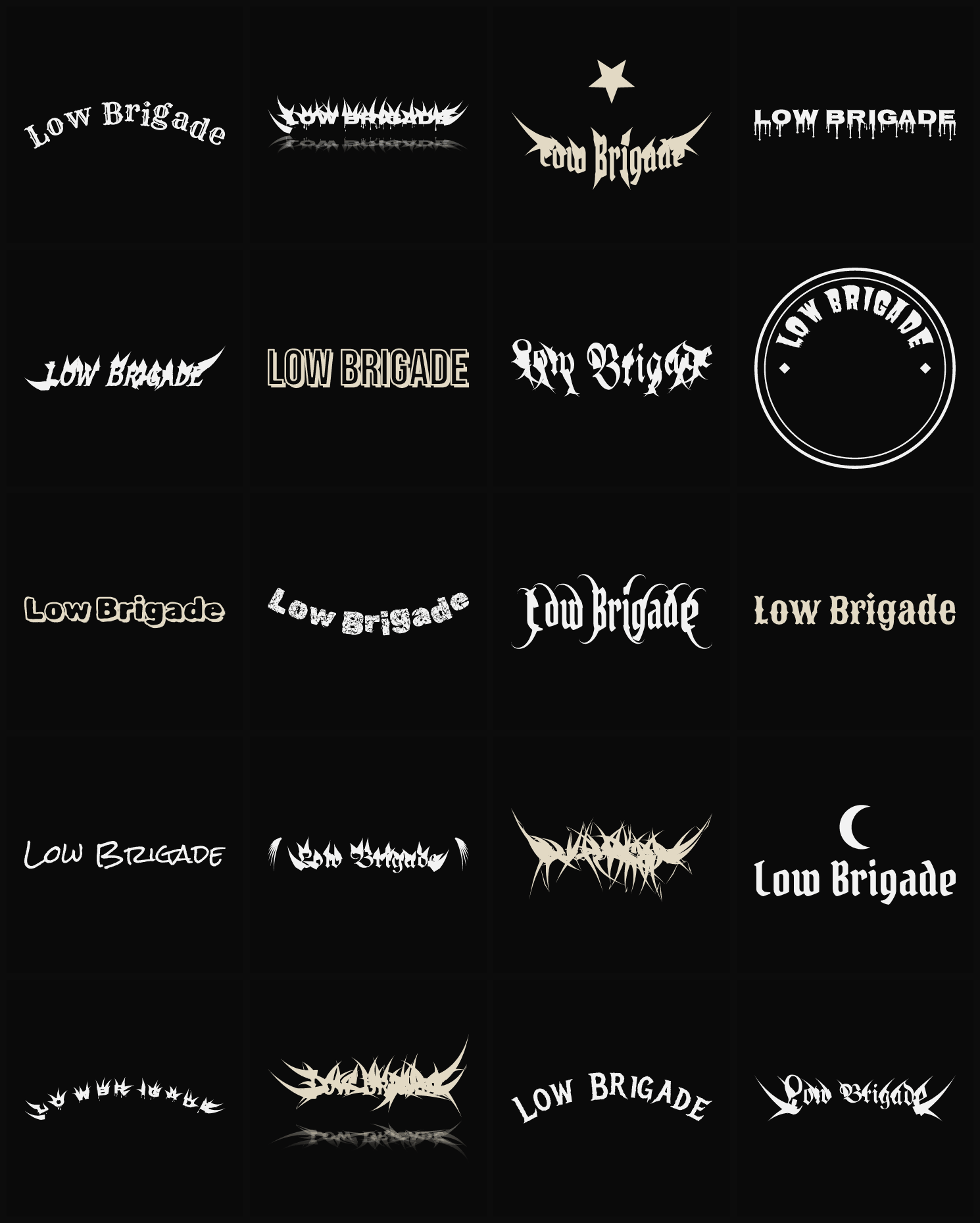 Twenty Low Brigade band logo ideas — different faces, treatments and spike settings