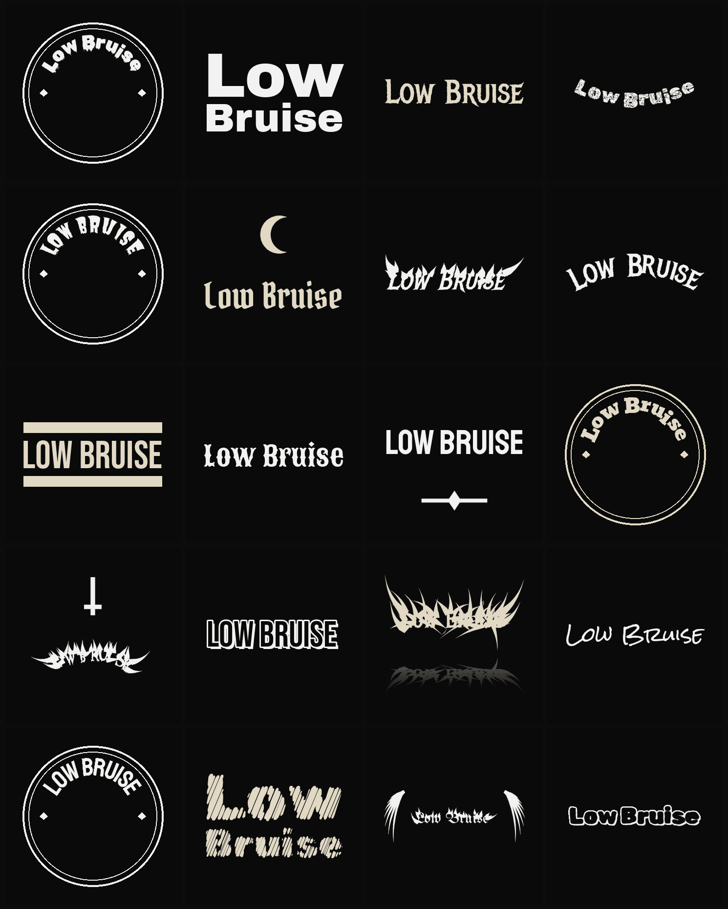 Twenty Low Bruise band logo ideas — different faces, treatments and spike settings