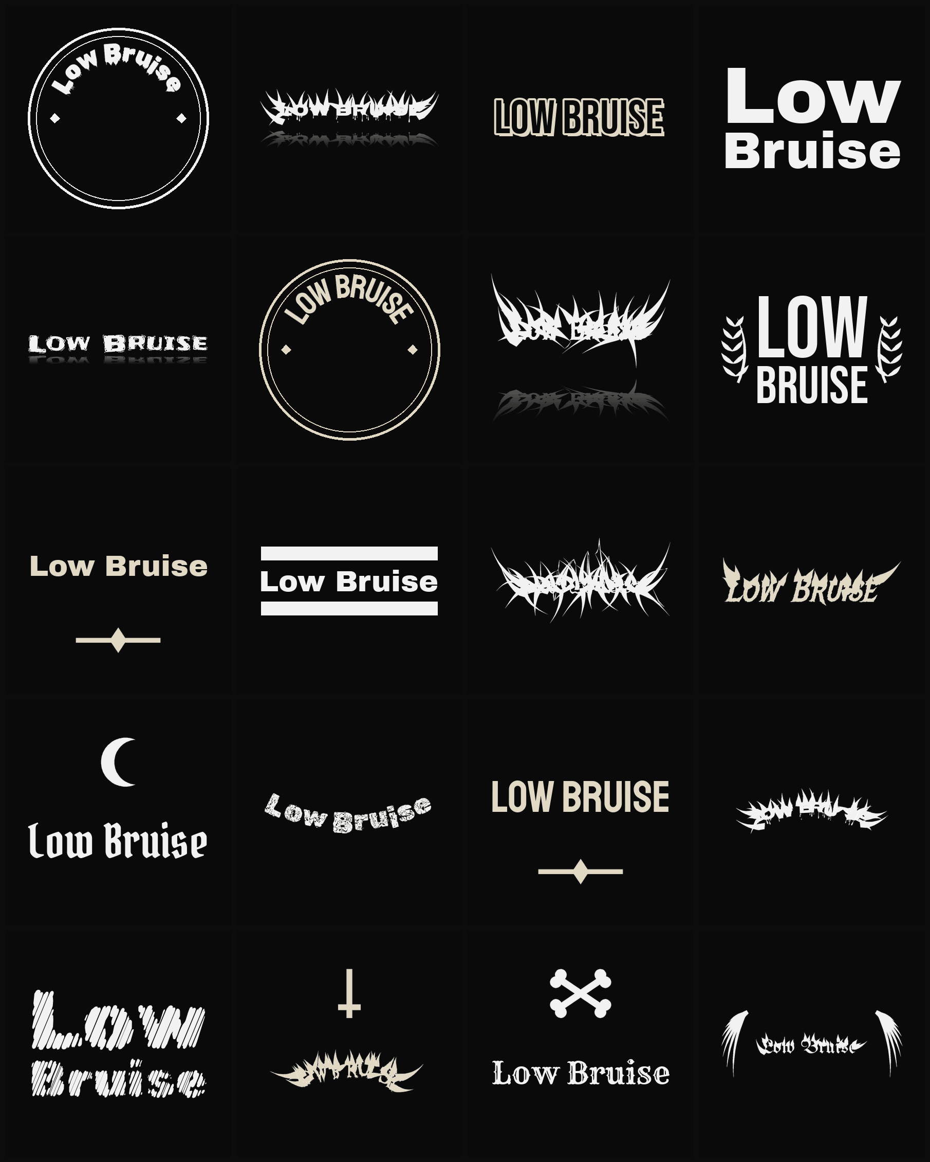 Twenty Low Bruise band logo ideas — different faces, treatments and spike settings