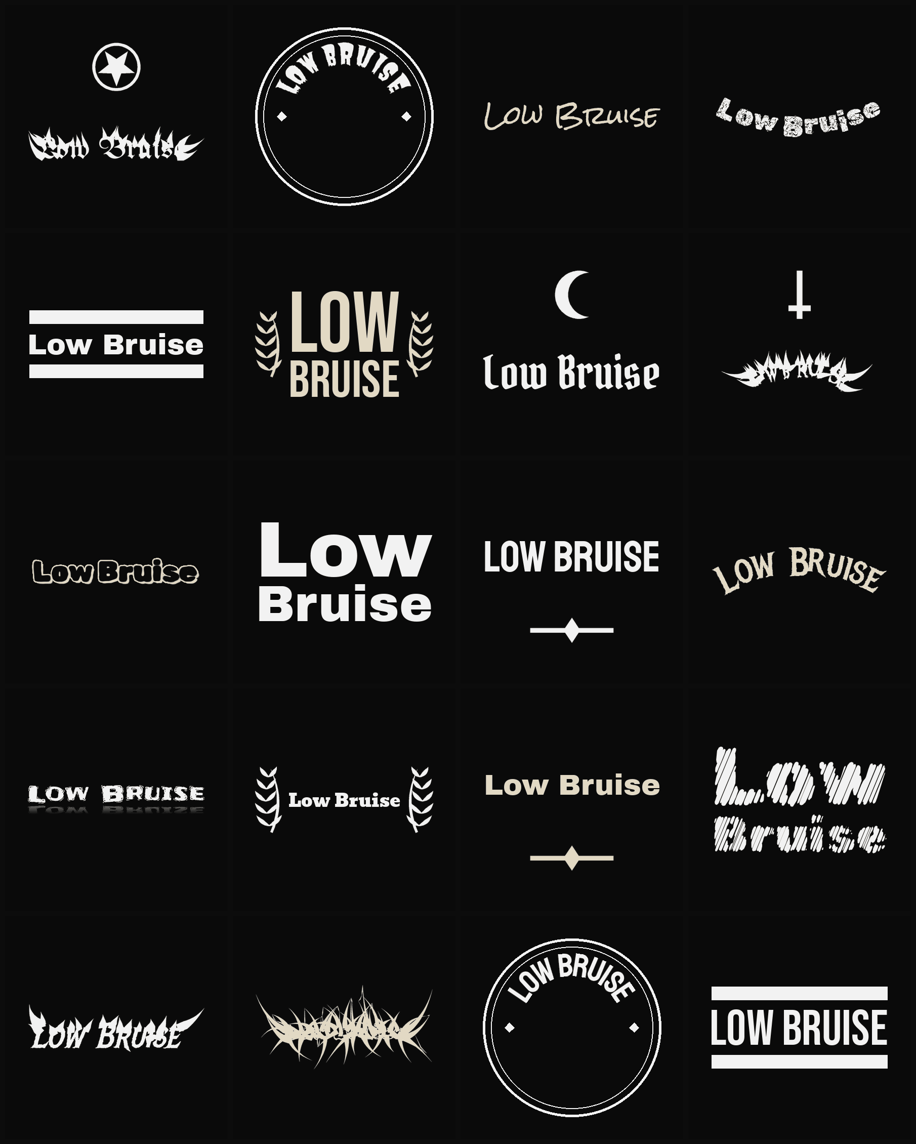 Twenty Low Bruise band logo ideas — different faces, treatments and spike settings