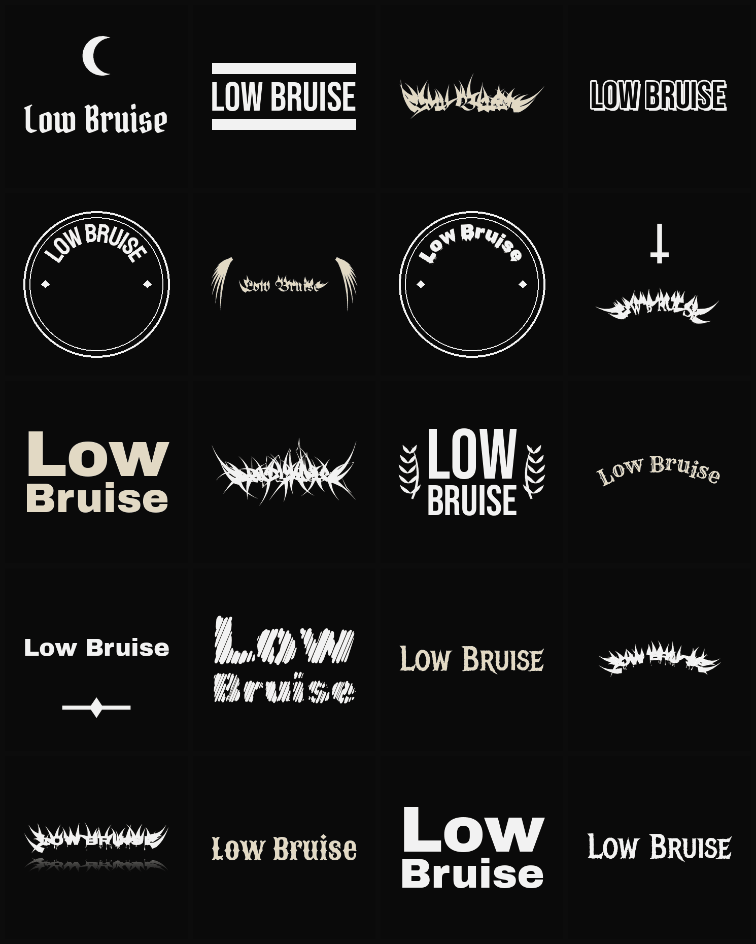 Twenty Low Bruise band logo ideas — different faces, treatments and spike settings