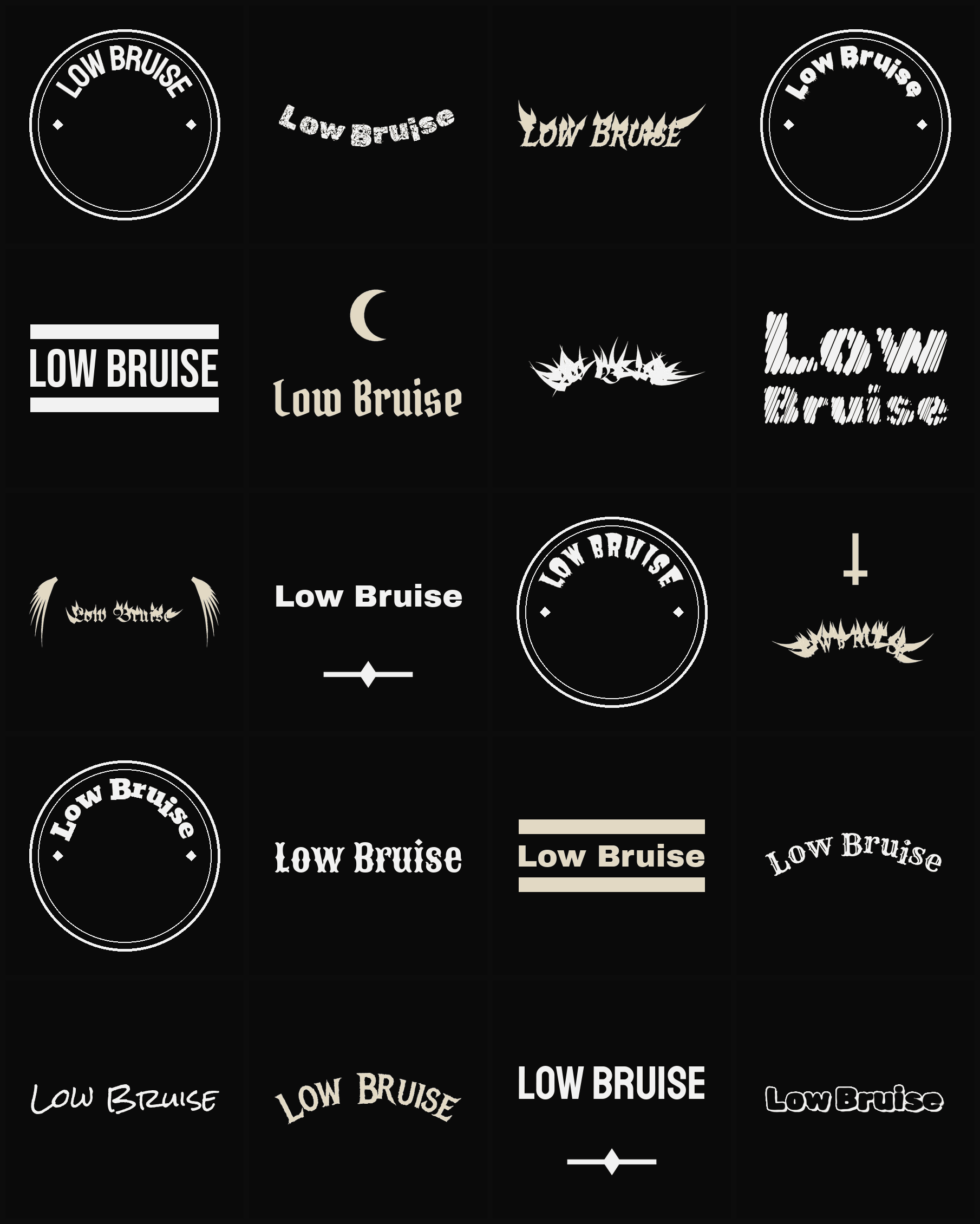 Twenty Low Bruise band logo ideas — different faces, treatments and spike settings