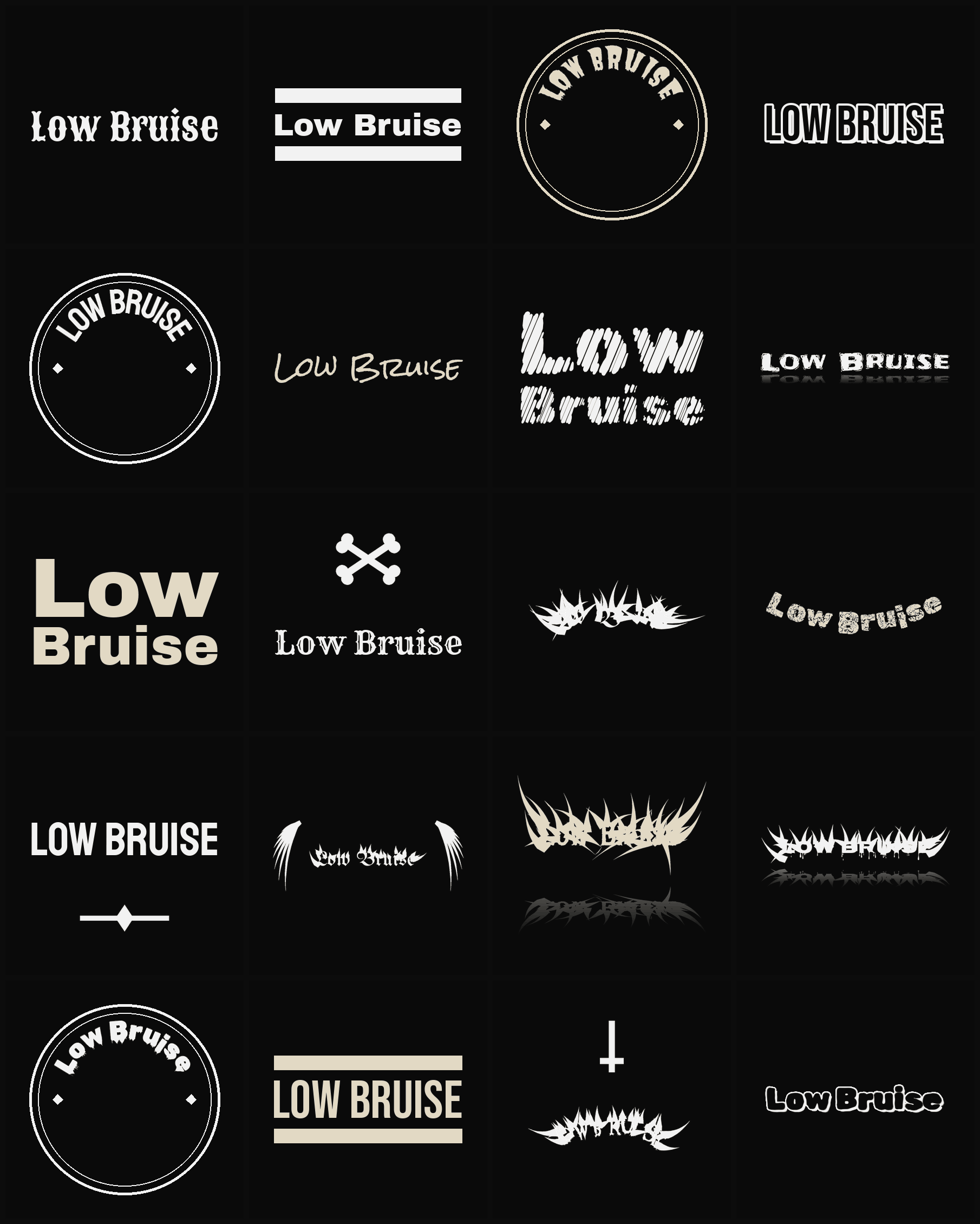 Twenty Low Bruise band logo ideas — different faces, treatments and spike settings