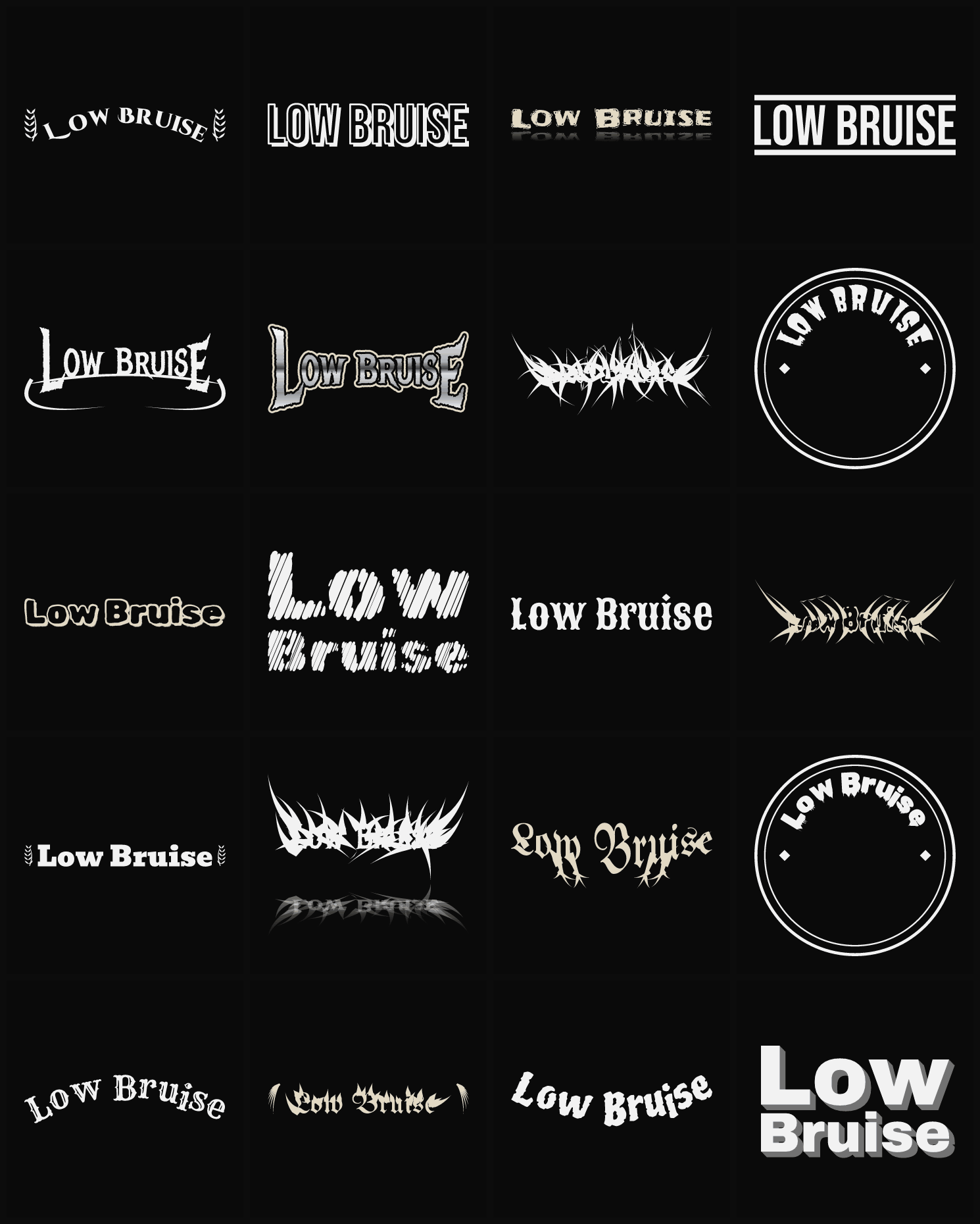 Twenty Low Bruise band logo ideas — different faces, treatments and spike settings