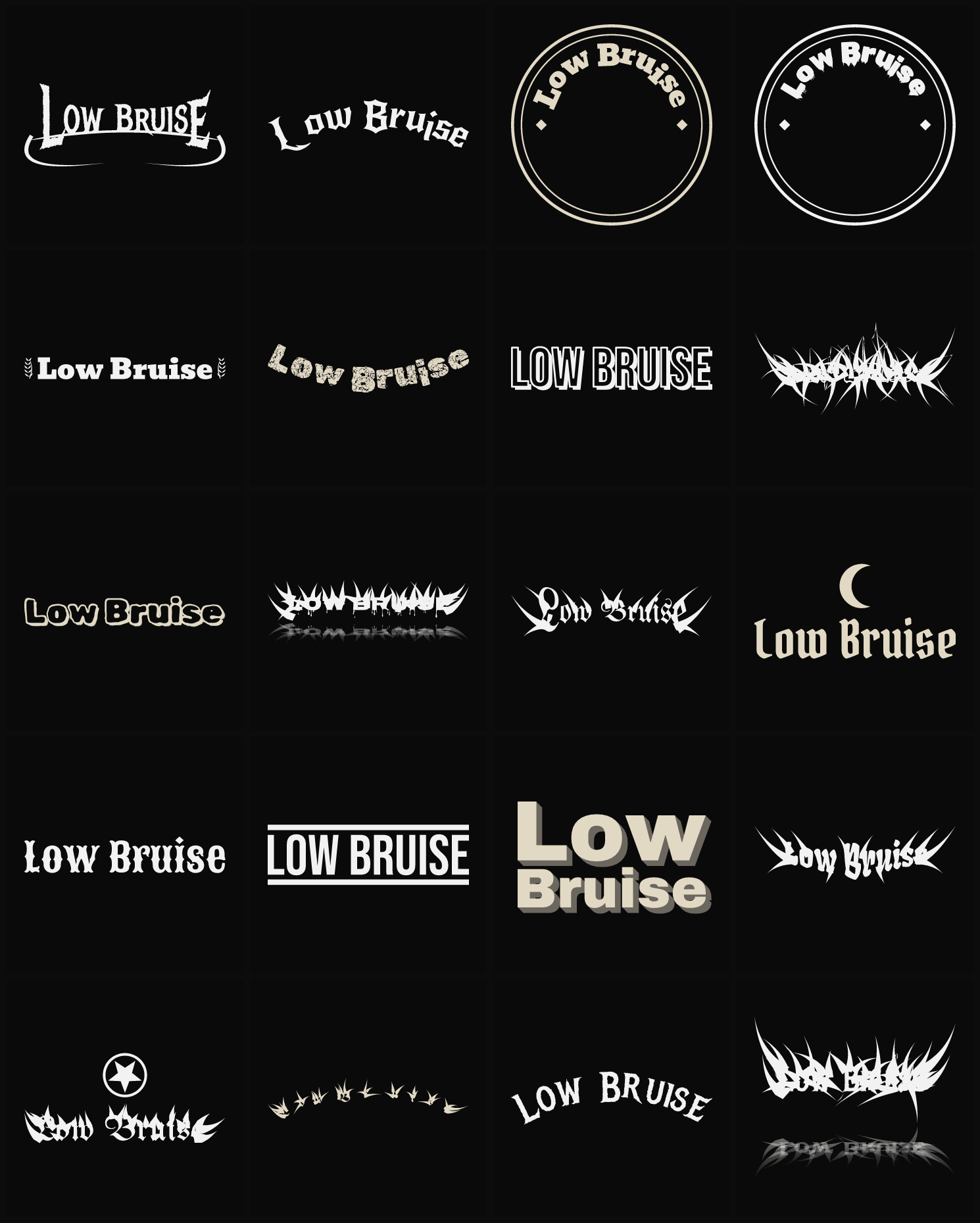 Twenty Low Bruise band logo ideas — different faces, treatments and spike settings