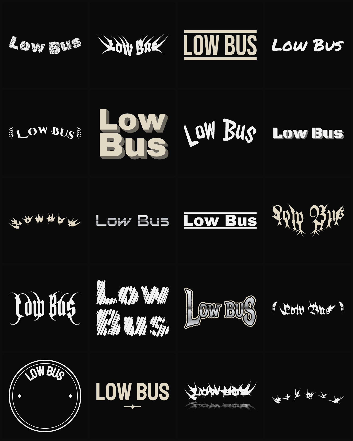 Twenty Low Bus band logo ideas — different faces, treatments and spike settings