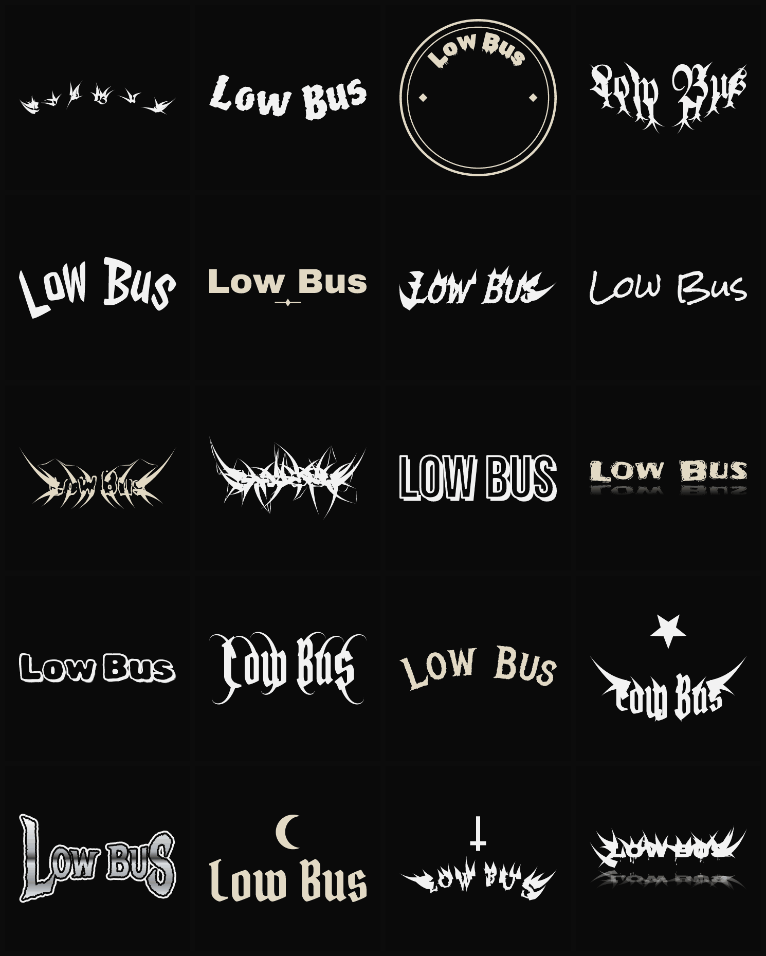 Twenty Low Bus band logo ideas — different faces, treatments and spike settings