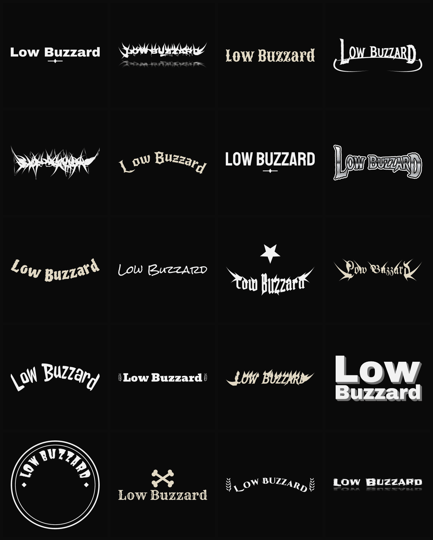 Twenty Low Buzzard band logo ideas — different faces, treatments and spike settings