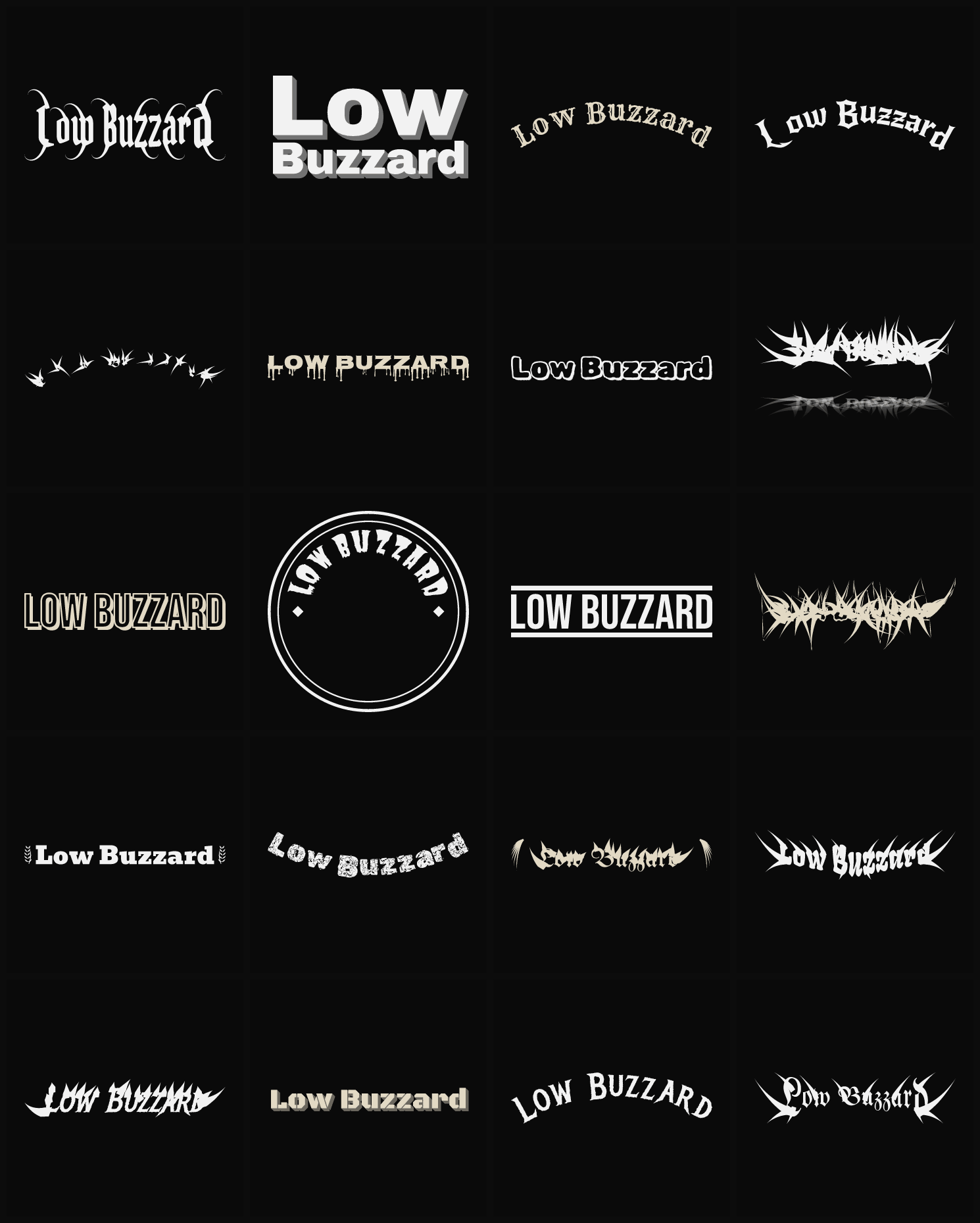 Twenty Low Buzzard band logo ideas — different faces, treatments and spike settings