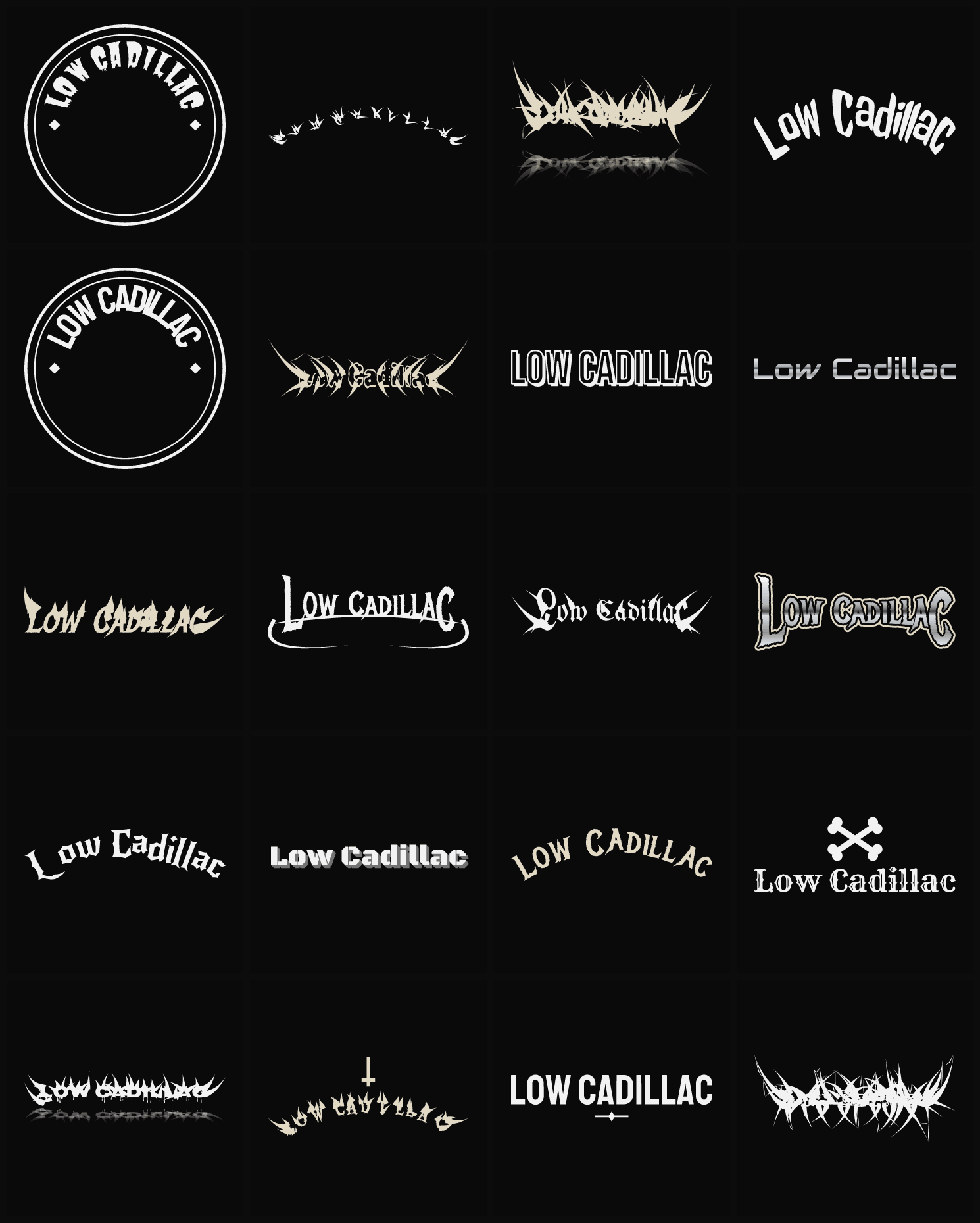 Twenty Low Cadillac band logo ideas — different faces, treatments and spike settings