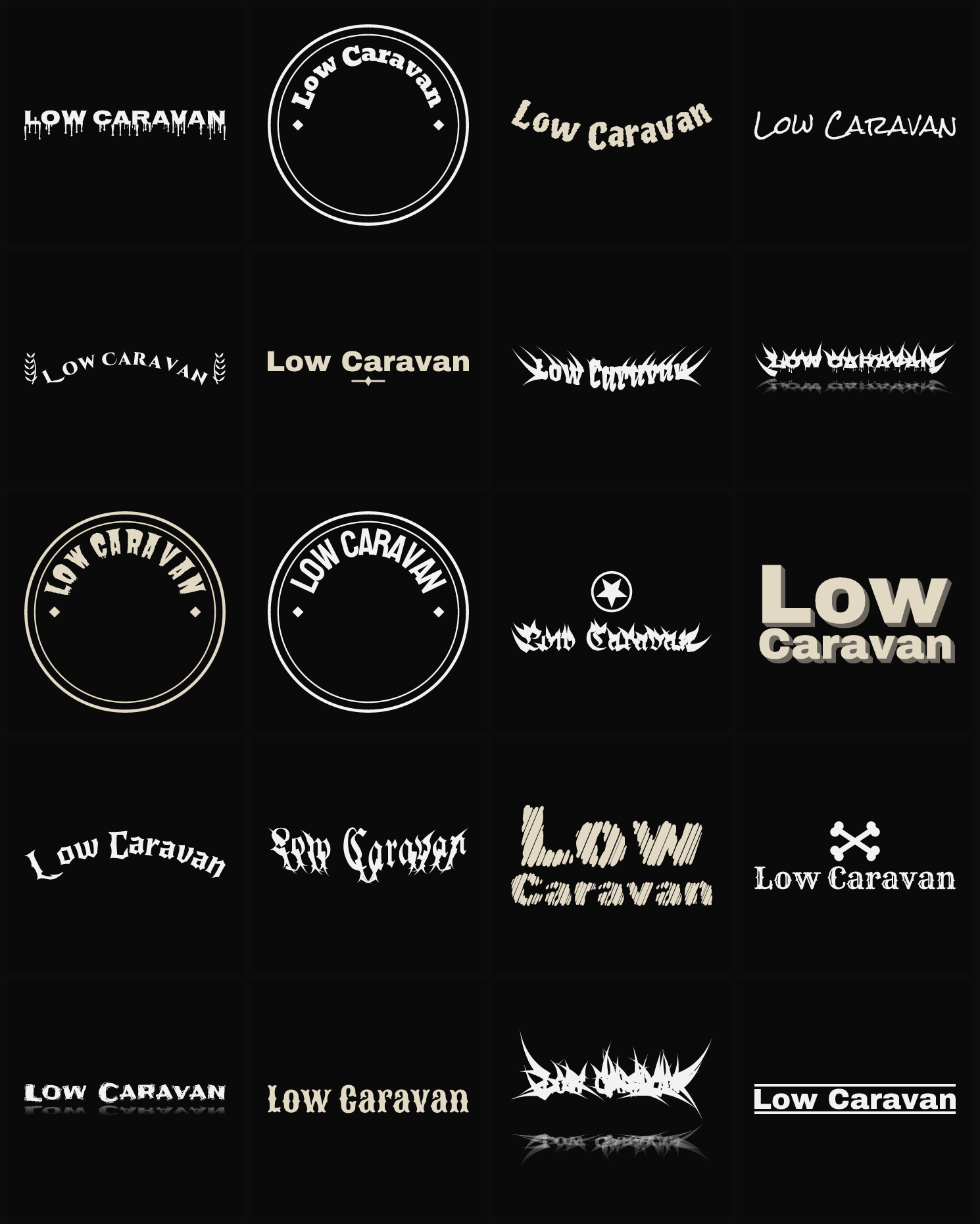 Twenty Low Caravan band logo ideas — different faces, treatments and spike settings