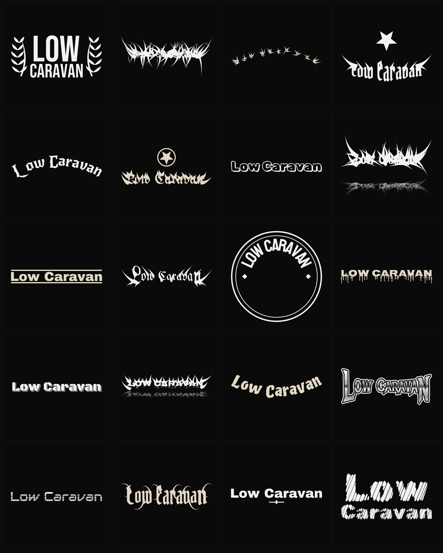 Twenty Low Caravan band logo ideas — different faces, treatments and spike settings