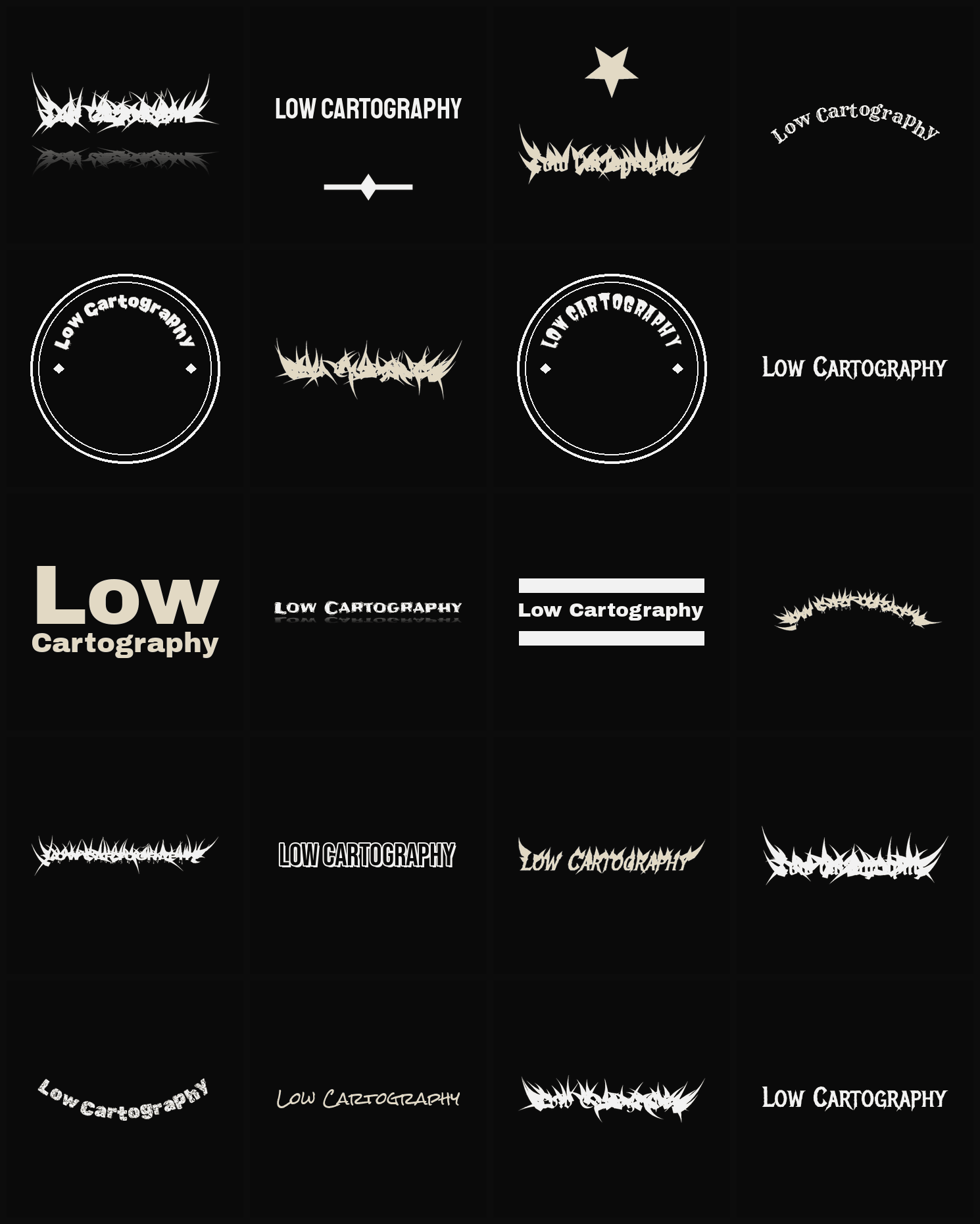 Twenty Low Cartography band logo ideas — different faces, treatments and spike settings