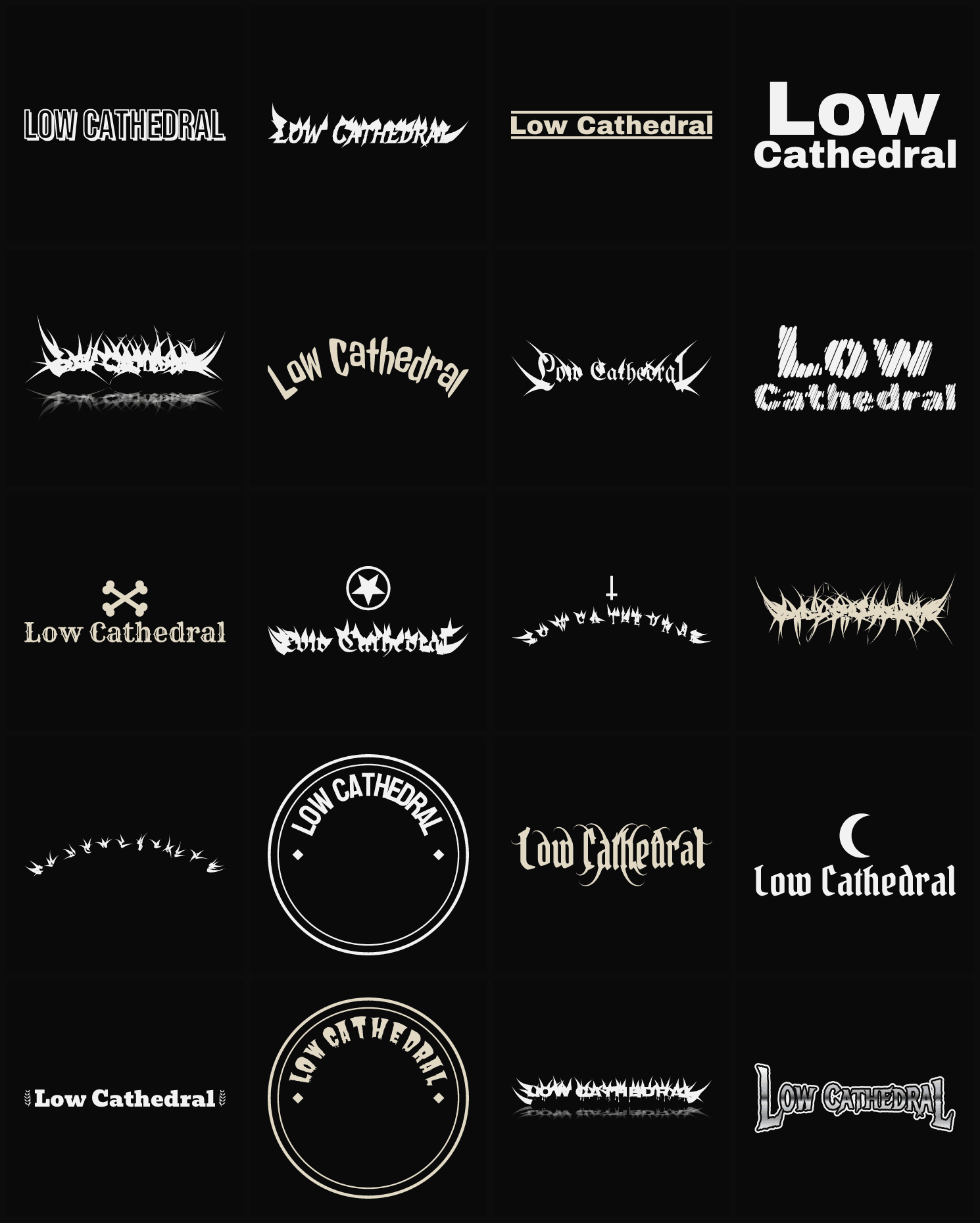 Twenty Low Cathedral band logo ideas — different faces, treatments and spike settings