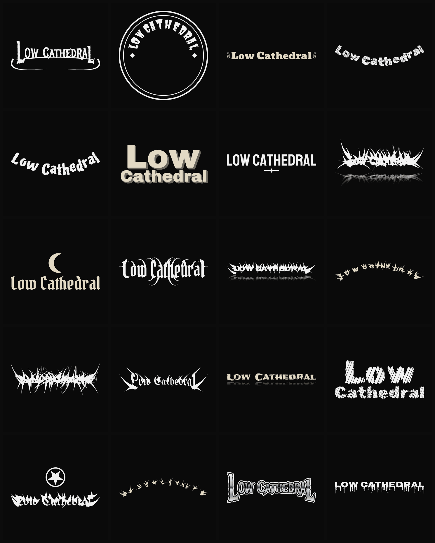 Twenty Low Cathedral band logo ideas — different faces, treatments and spike settings
