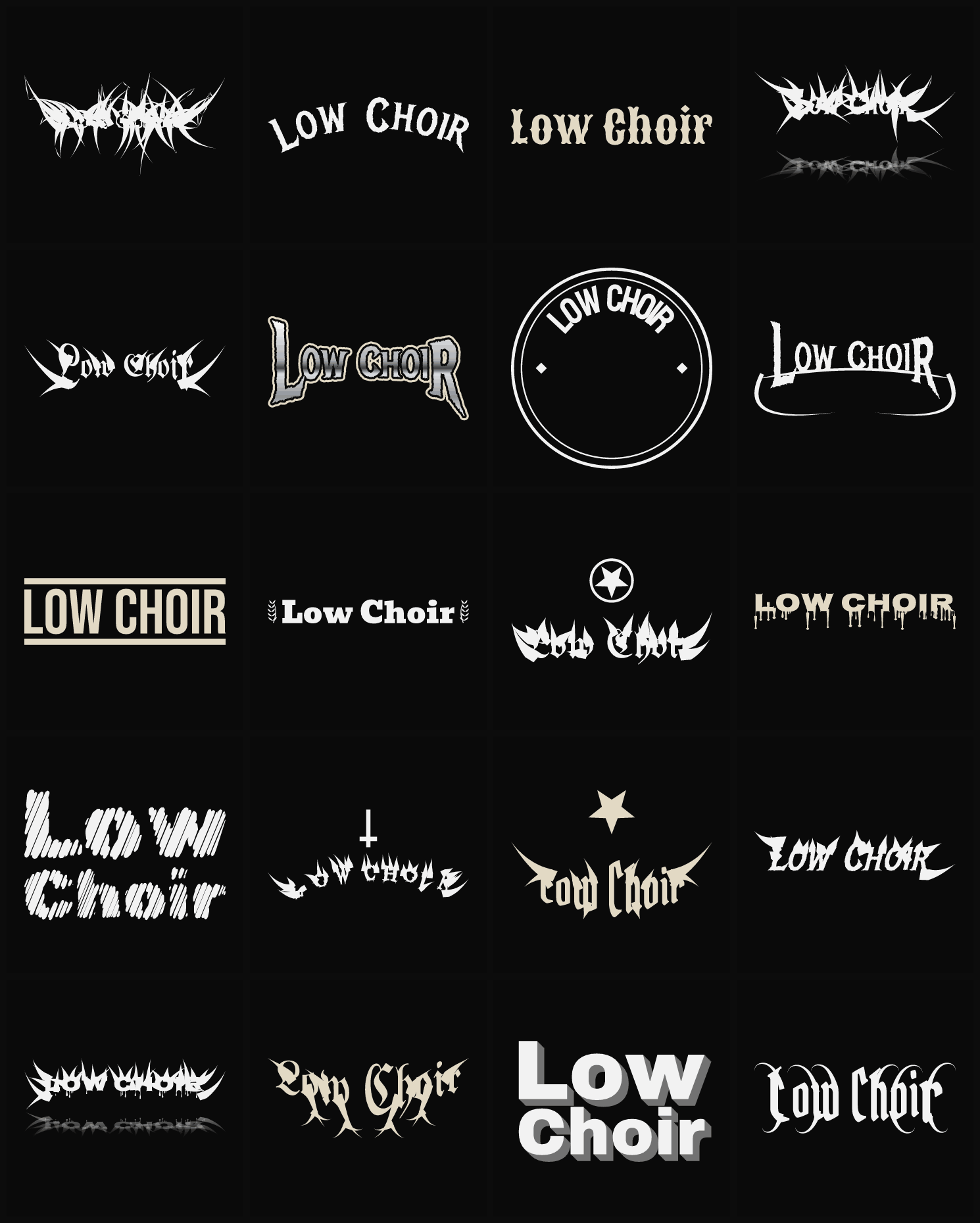 Twenty Low Choir band logo ideas — different faces, treatments and spike settings