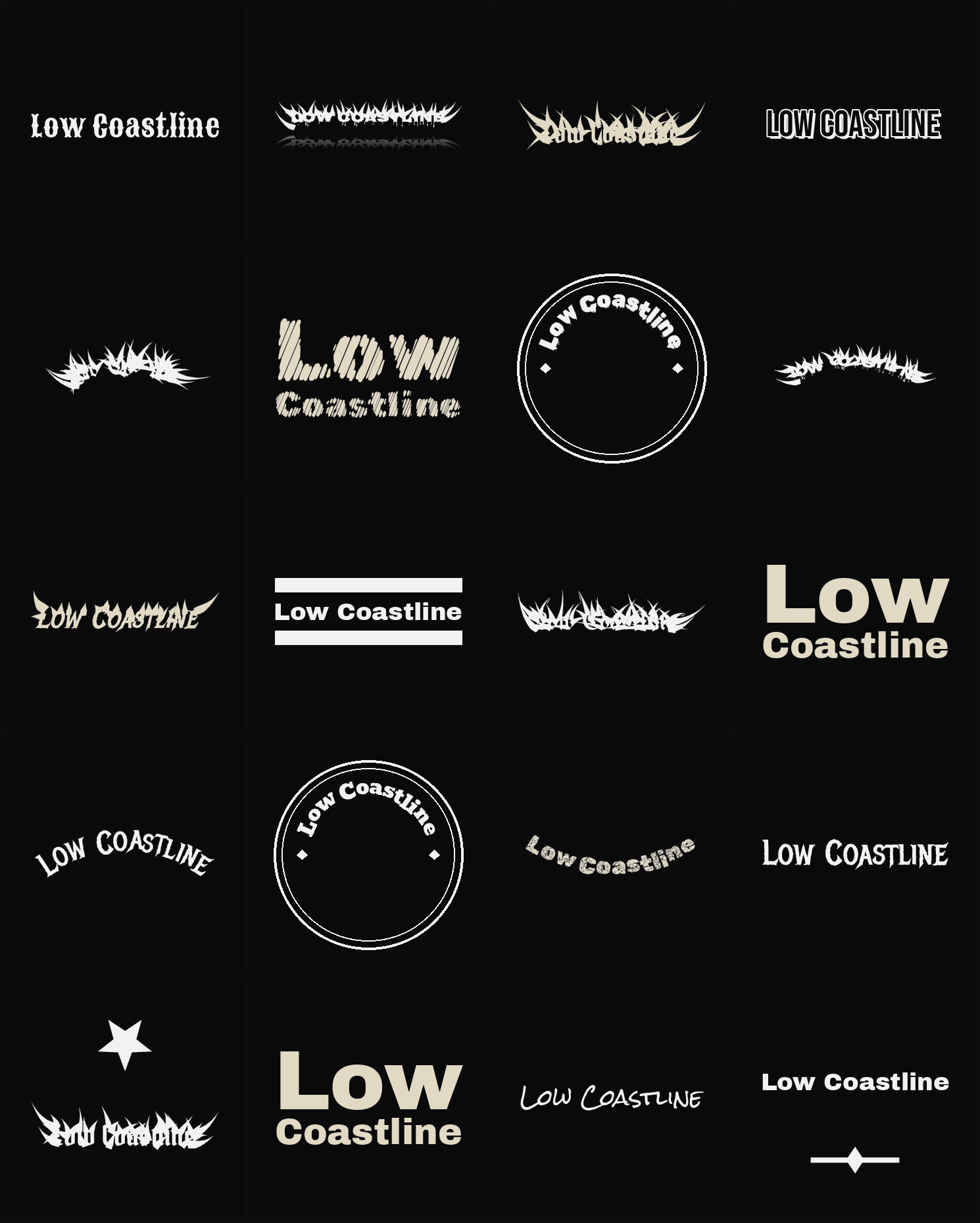 Twenty Low Coastline band logo ideas — different faces, treatments and spike settings