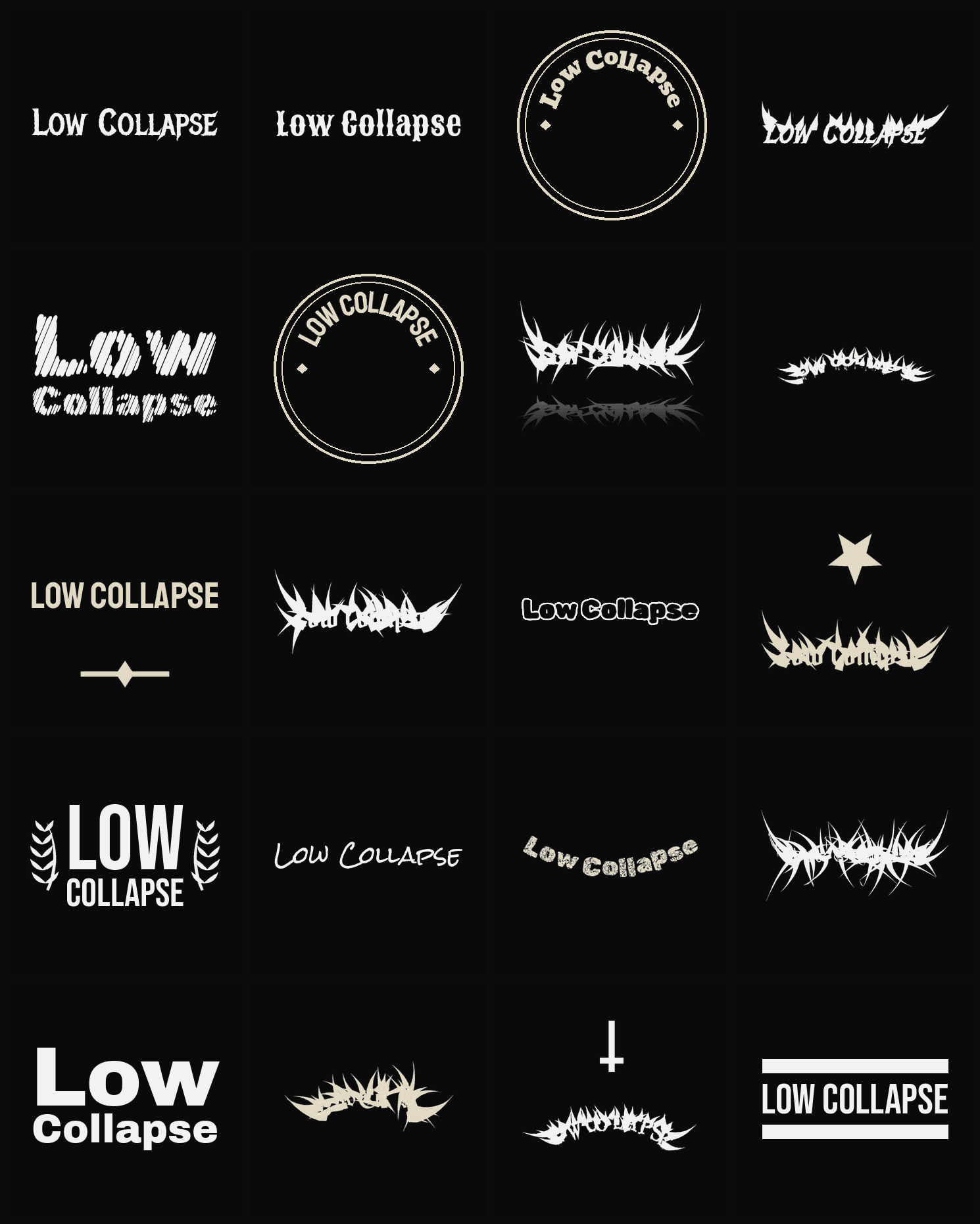 Twenty Low Collapse band logo ideas — different faces, treatments and spike settings