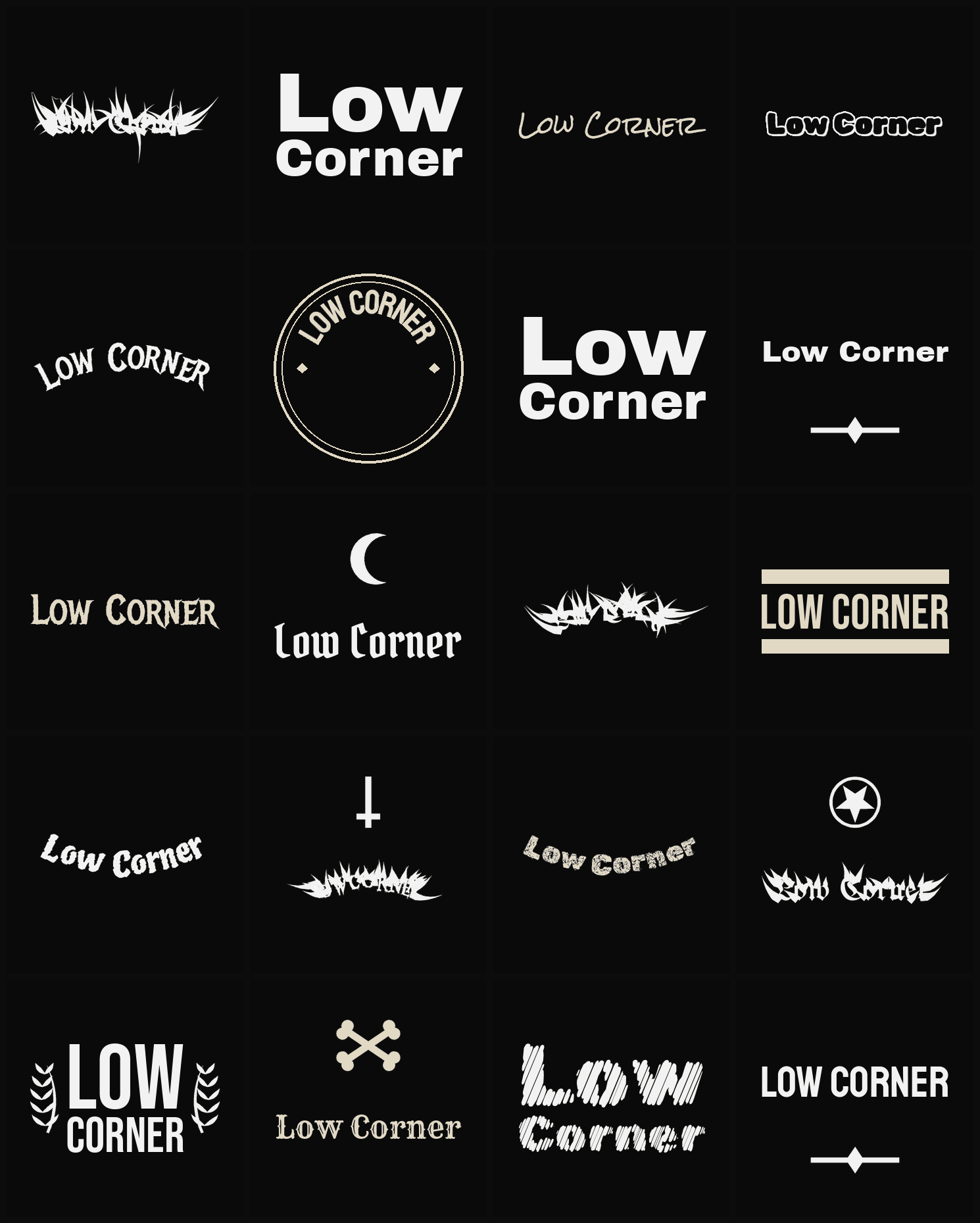 Twenty Low Corner band logo ideas — different faces, treatments and spike settings