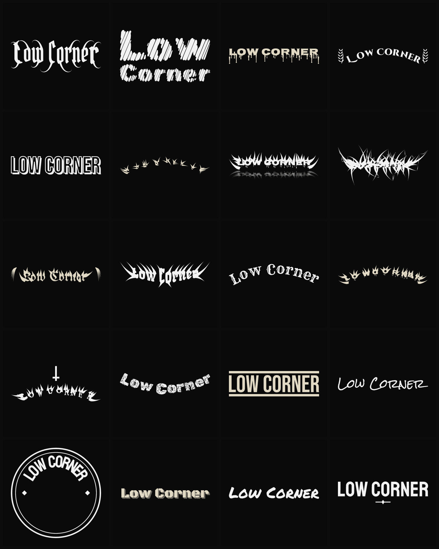 Twenty Low Corner band logo ideas — different faces, treatments and spike settings