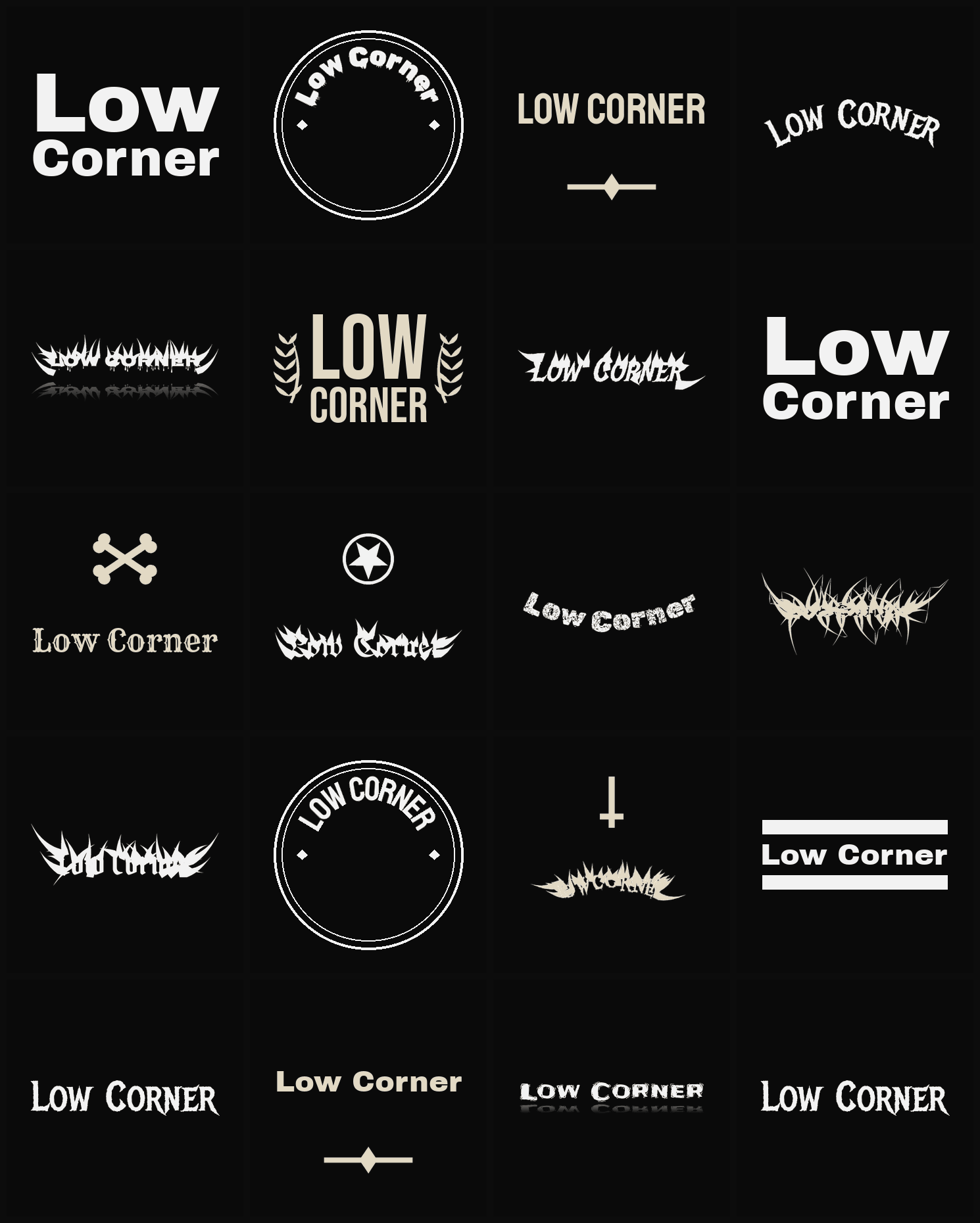 Twenty Low Corner band logo ideas — different faces, treatments and spike settings