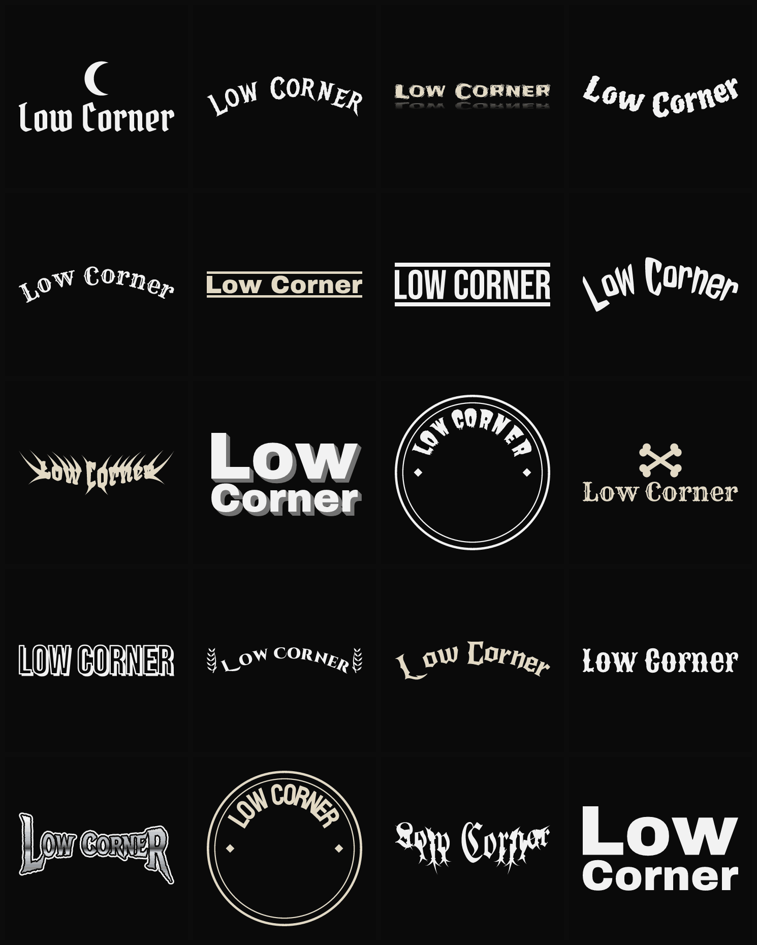 Twenty Low Corner band logo ideas — different faces, treatments and spike settings